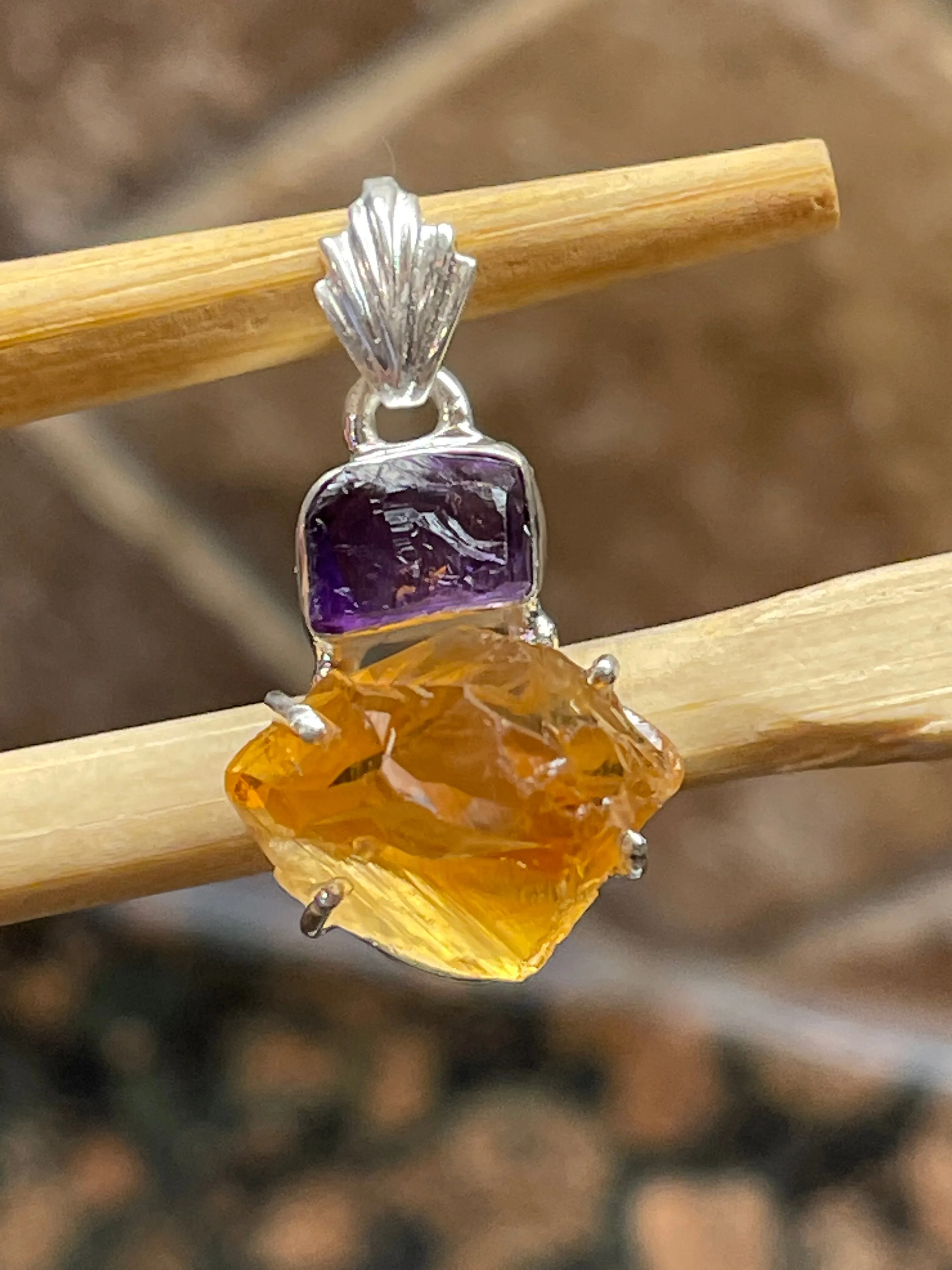 Natural Golden Citrine, Amethyst 925 Solid Sterling Silver Pendant 30mm