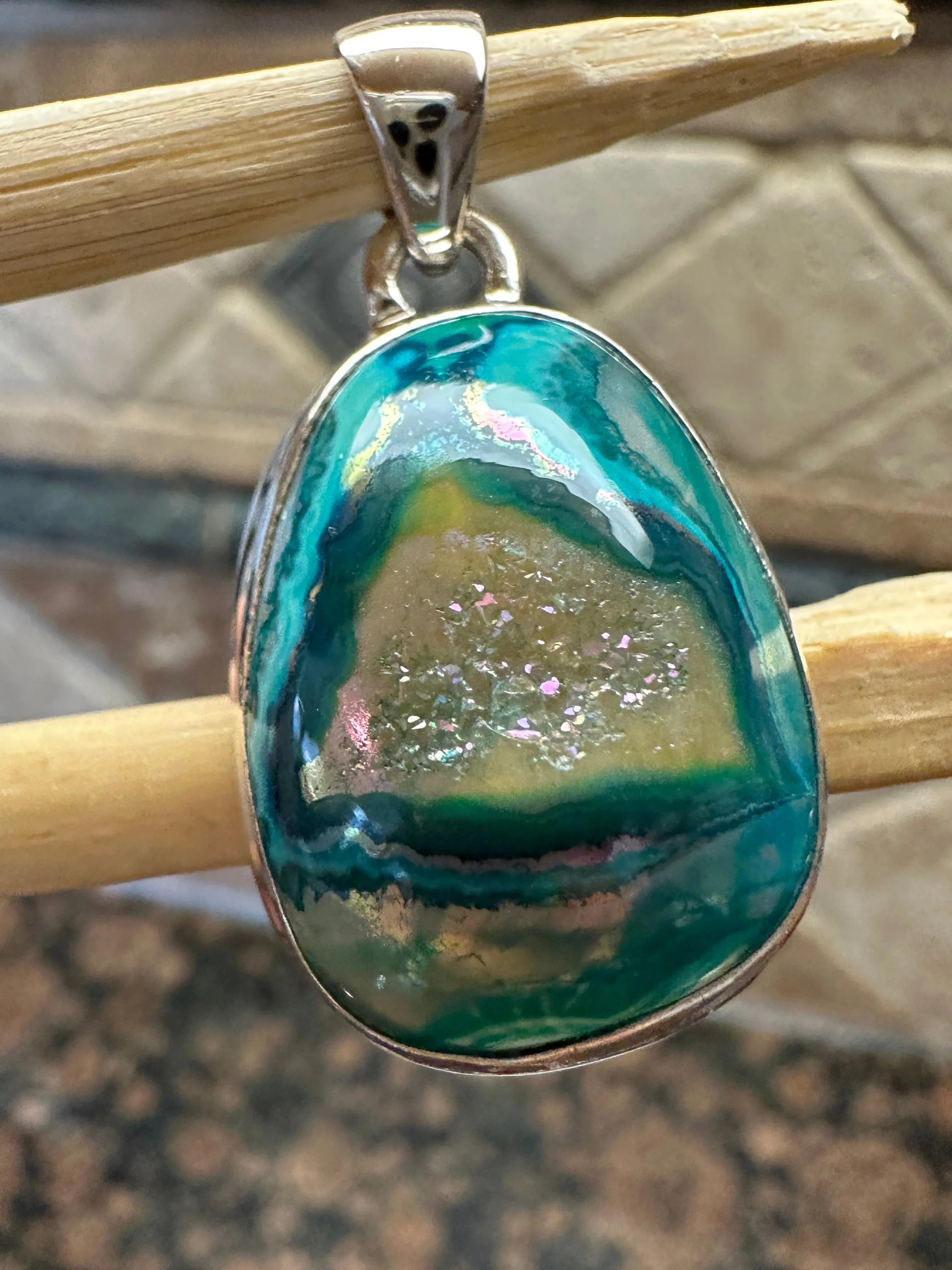 Natural Green Aura Druzy 925 Sterling Silver Pendant 32mm
