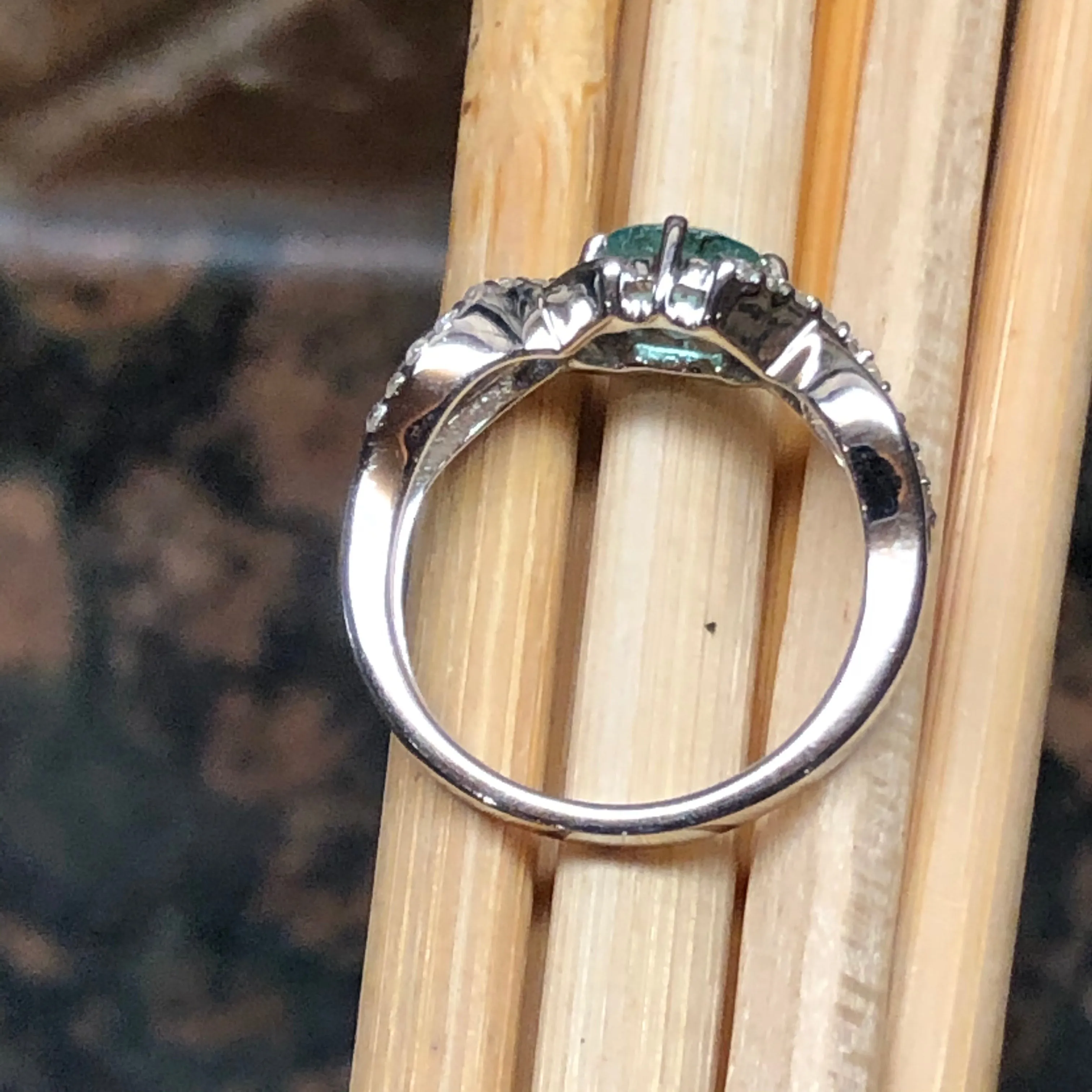 Natural Green Emerald, White Topaz 925 Sterling Silver Engagement Ring Size 6, 7, 8, 9