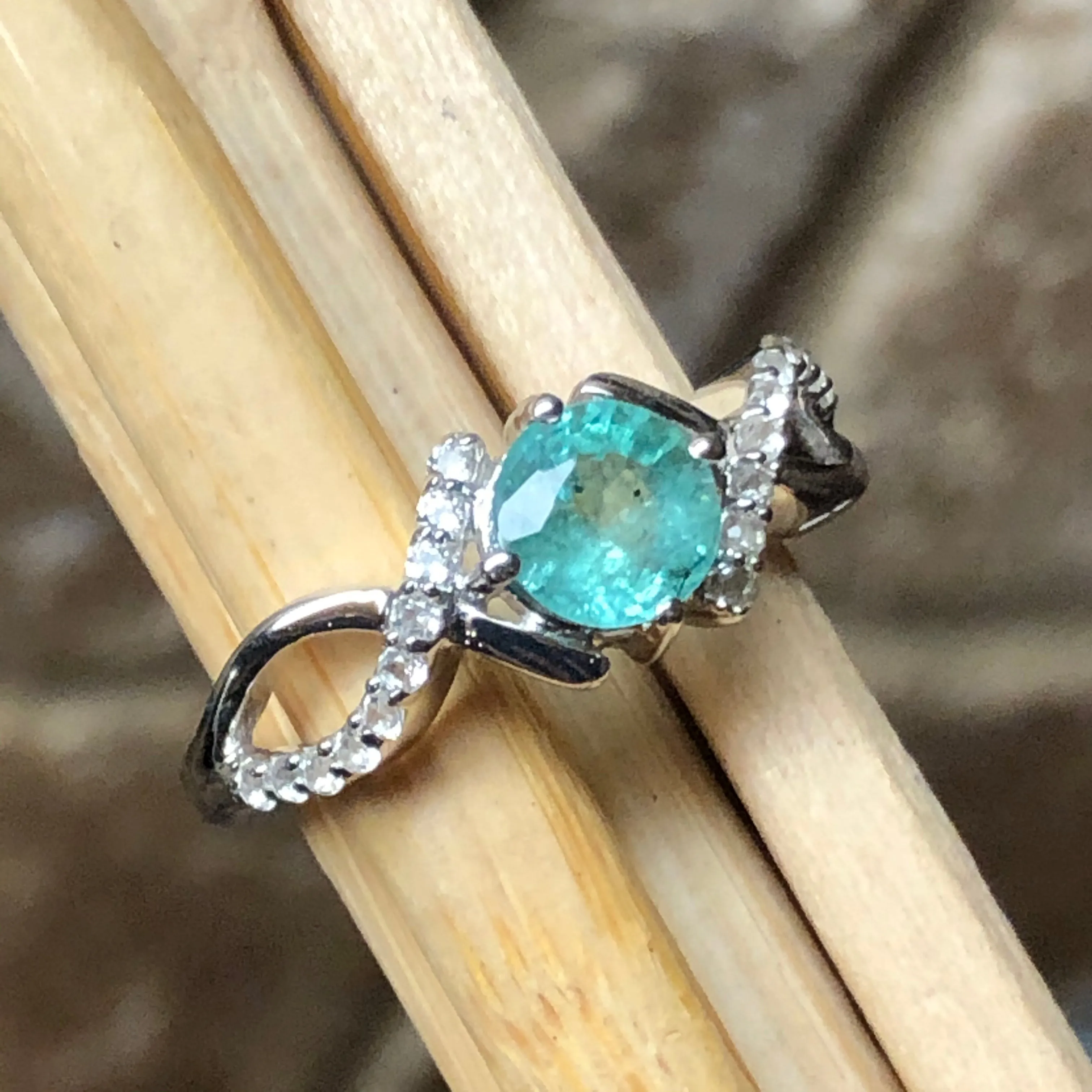 Natural Green Emerald, White Topaz 925 Sterling Silver Engagement Ring Size 6, 7, 8, 9