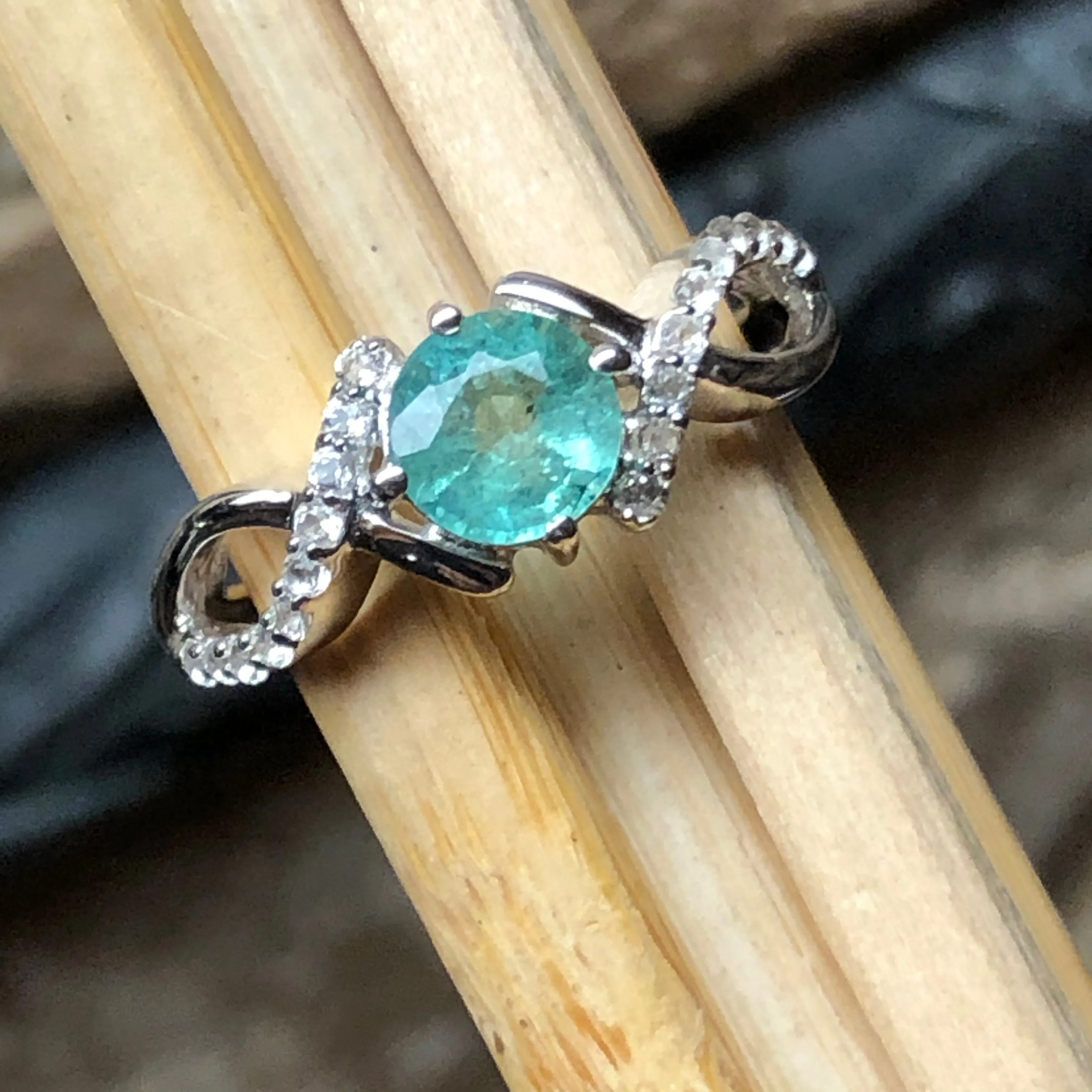 Natural Green Emerald, White Topaz 925 Sterling Silver Engagement Ring Size 6, 7, 8, 9