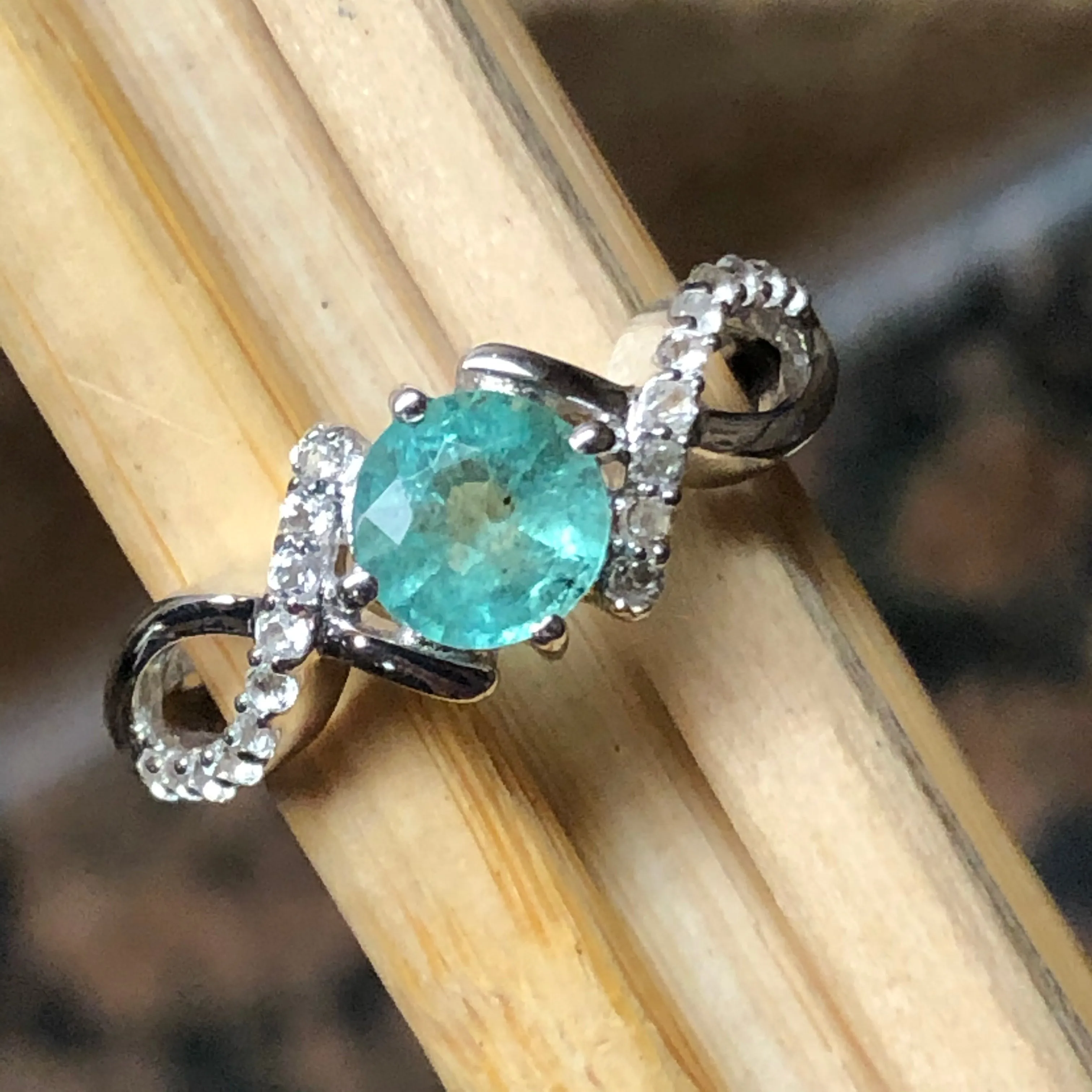 Natural Green Emerald, White Topaz 925 Sterling Silver Engagement Ring Size 6, 7, 8, 9