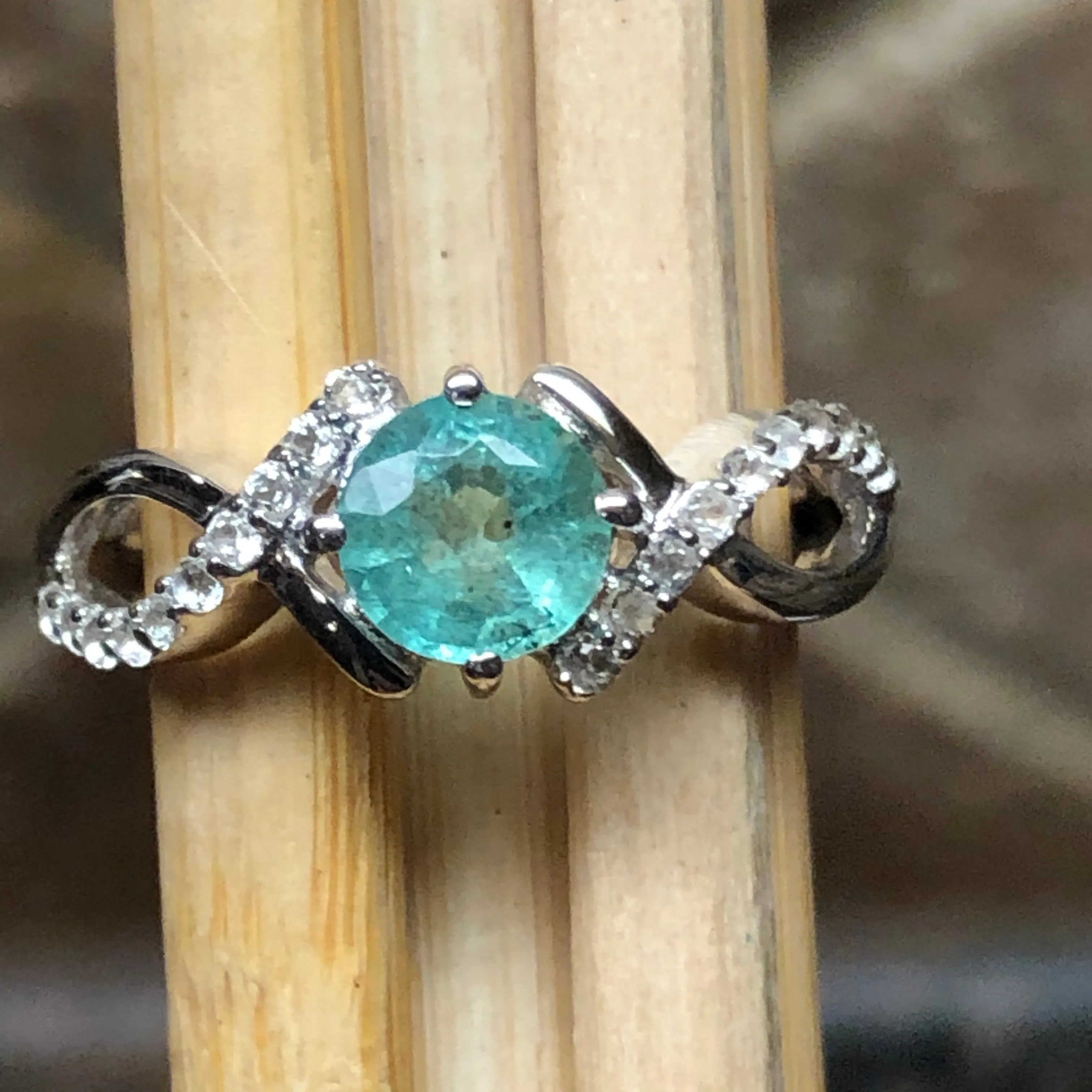 Natural Green Emerald, White Topaz 925 Sterling Silver Engagement Ring Size 6, 7, 8, 9