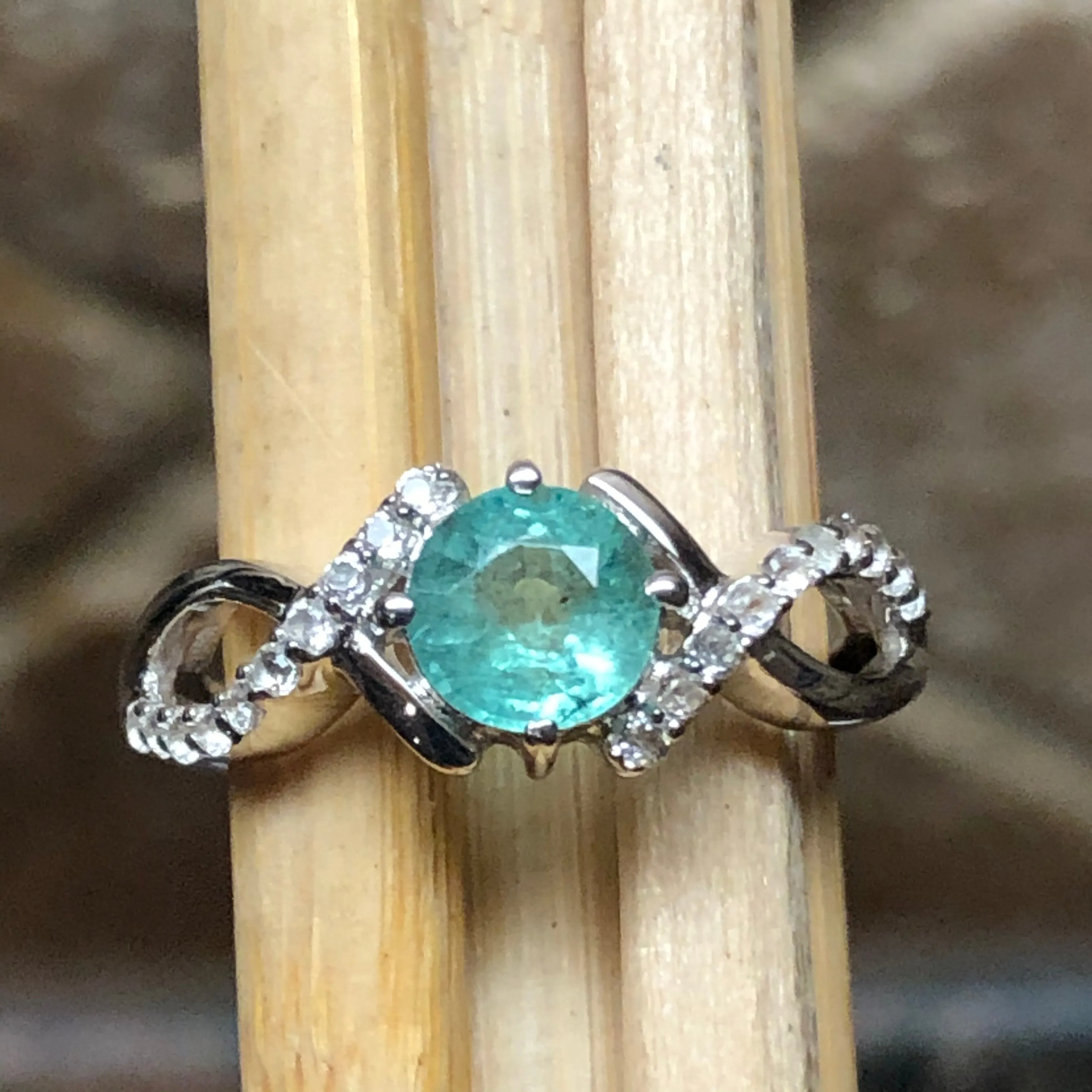 Natural Green Emerald, White Topaz 925 Sterling Silver Engagement Ring Size 6, 7, 8, 9