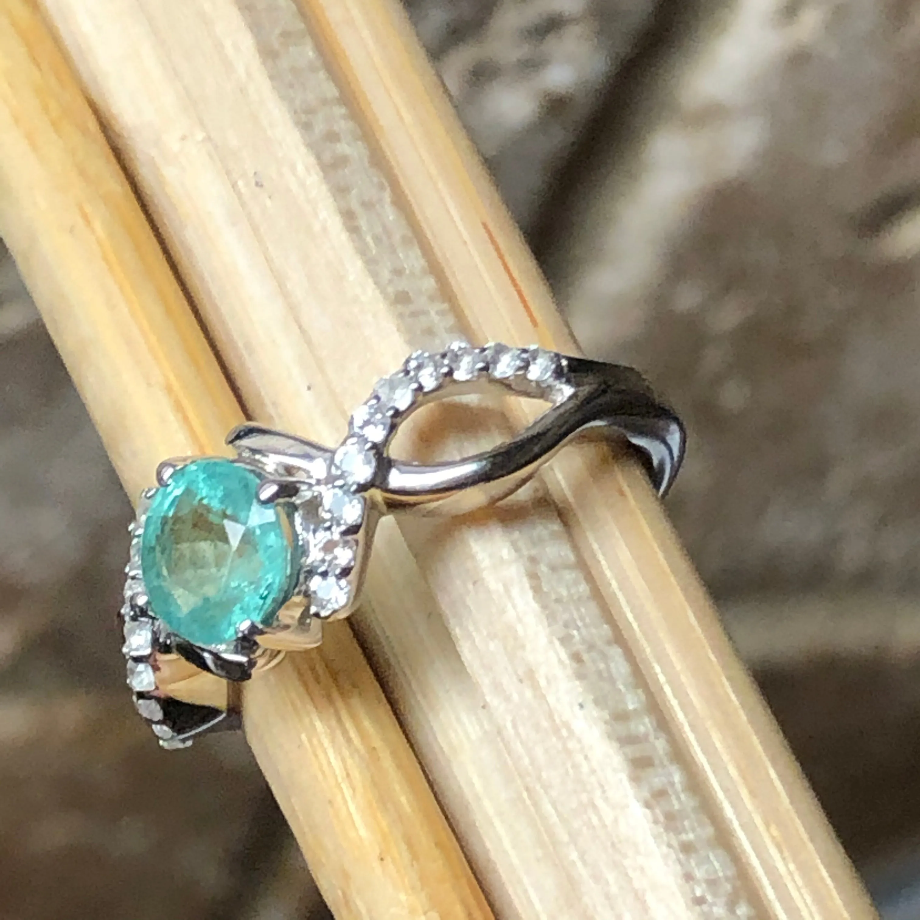 Natural Green Emerald, White Topaz 925 Sterling Silver Engagement Ring Size 6, 7, 8, 9