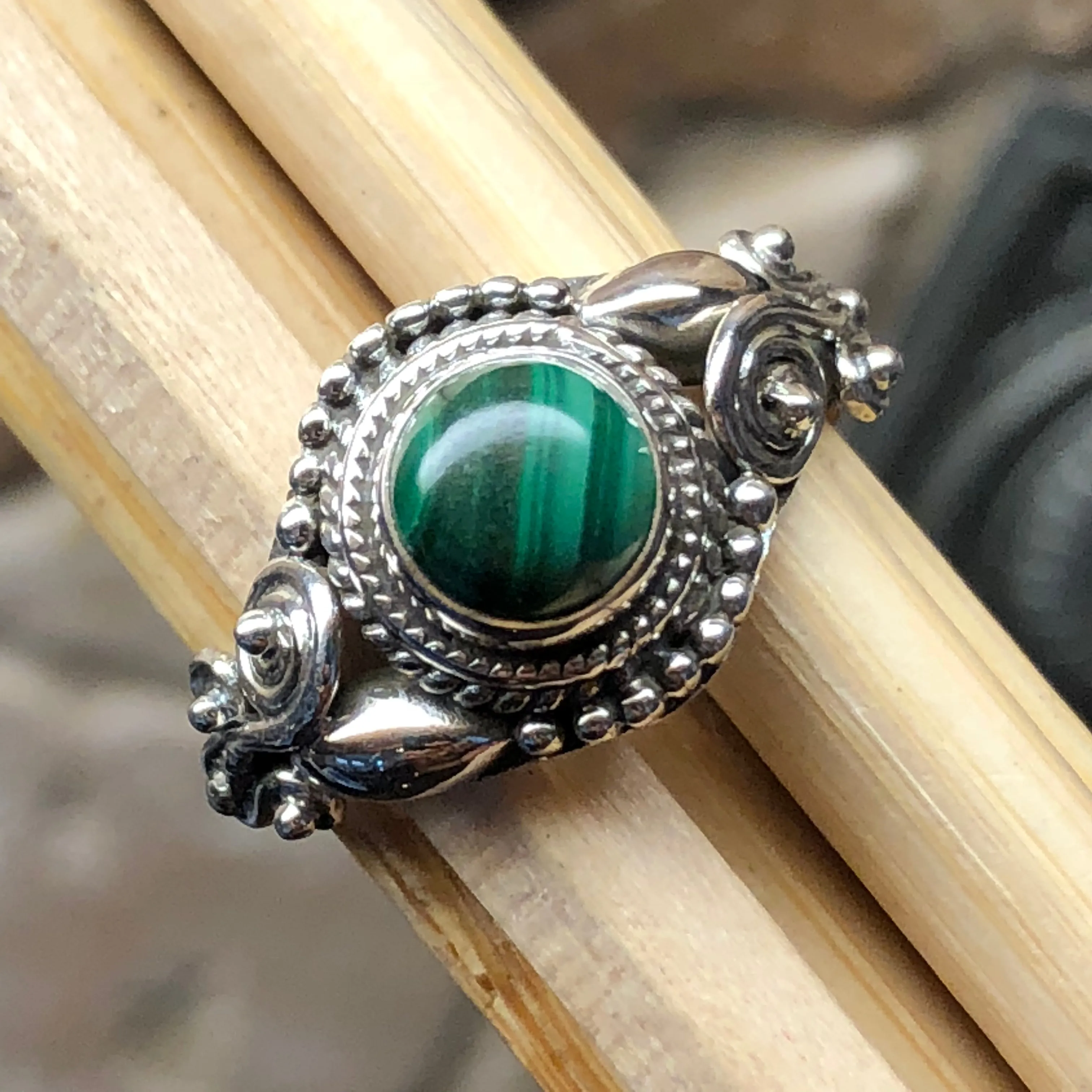 Natural Green Malachite 925 Solid Sterling Silver Engagement Ring Size 6, 7, 8, 9