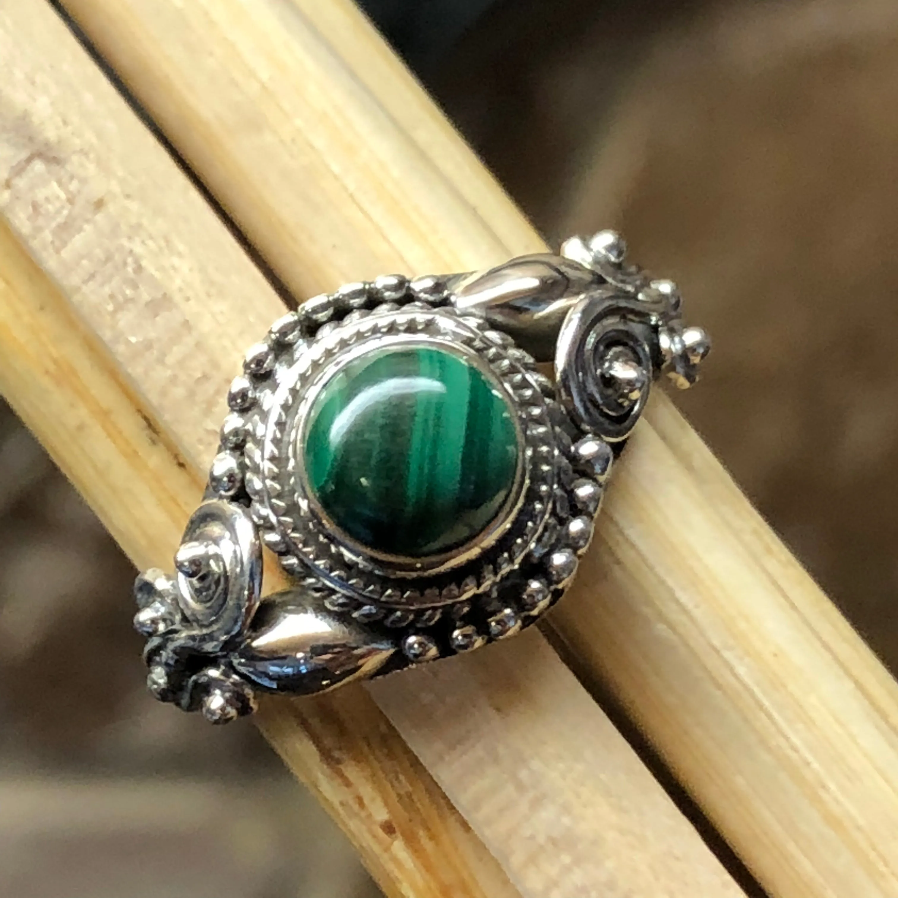 Natural Green Malachite 925 Solid Sterling Silver Engagement Ring Size 6, 7, 8, 9