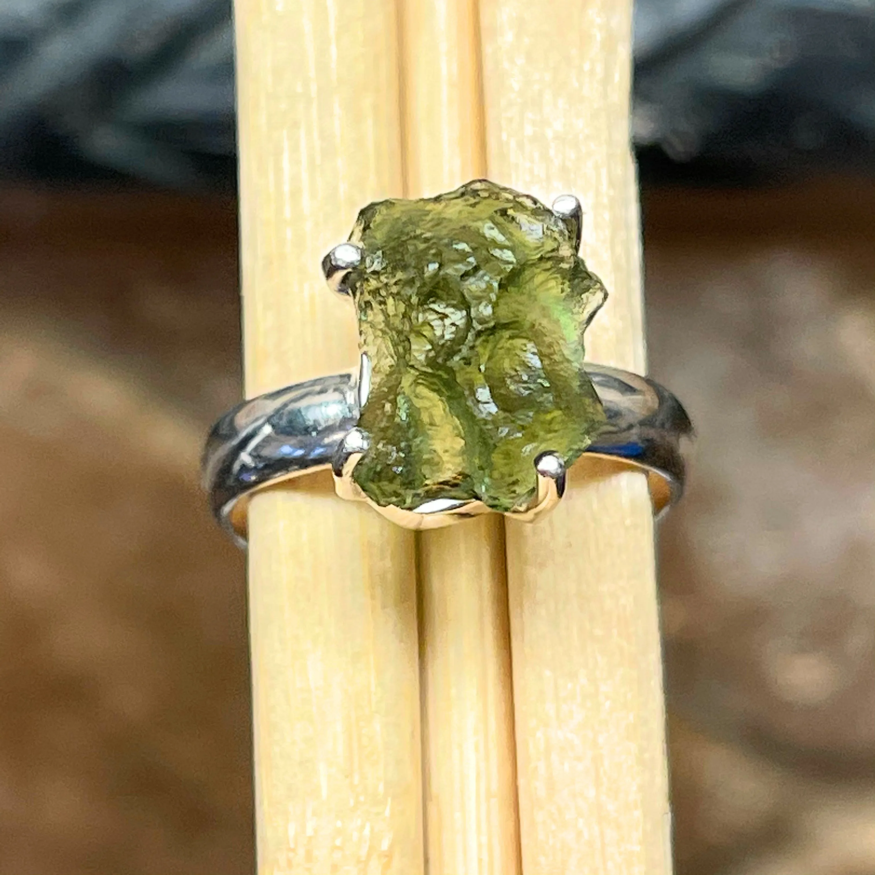 Natural Green Moldavite 925 Solid Sterling Silver Ring Size 7.5