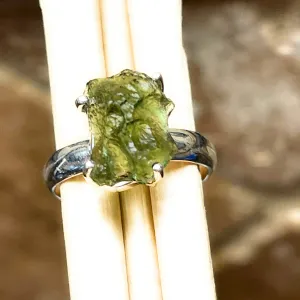 Natural Green Moldavite 925 Solid Sterling Silver Ring Size 7.5