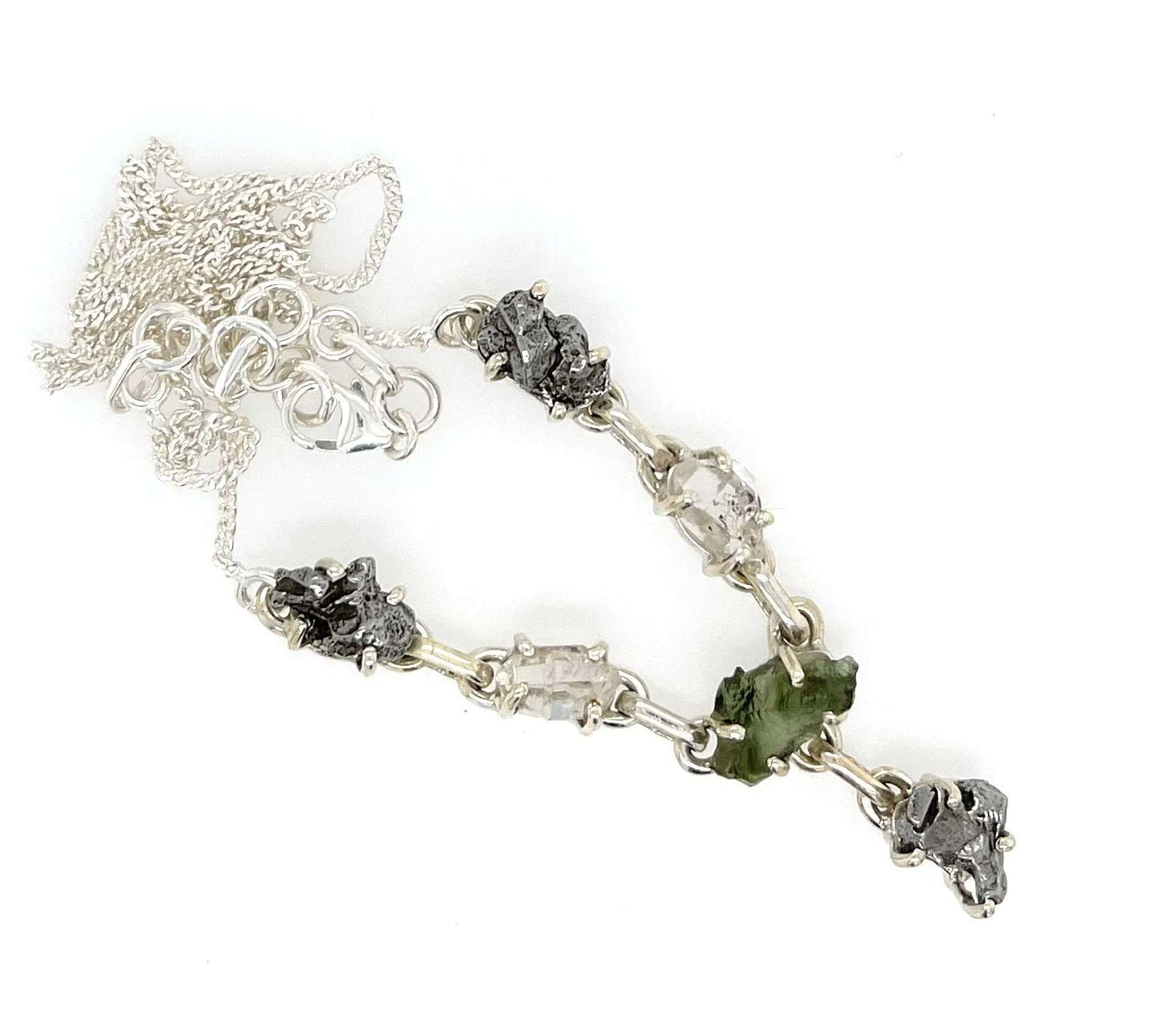 Natural Green Moldavite Herkimer Diamond Meteorite Campo Del Cielo 925 Sterling Silver Necklace 17'