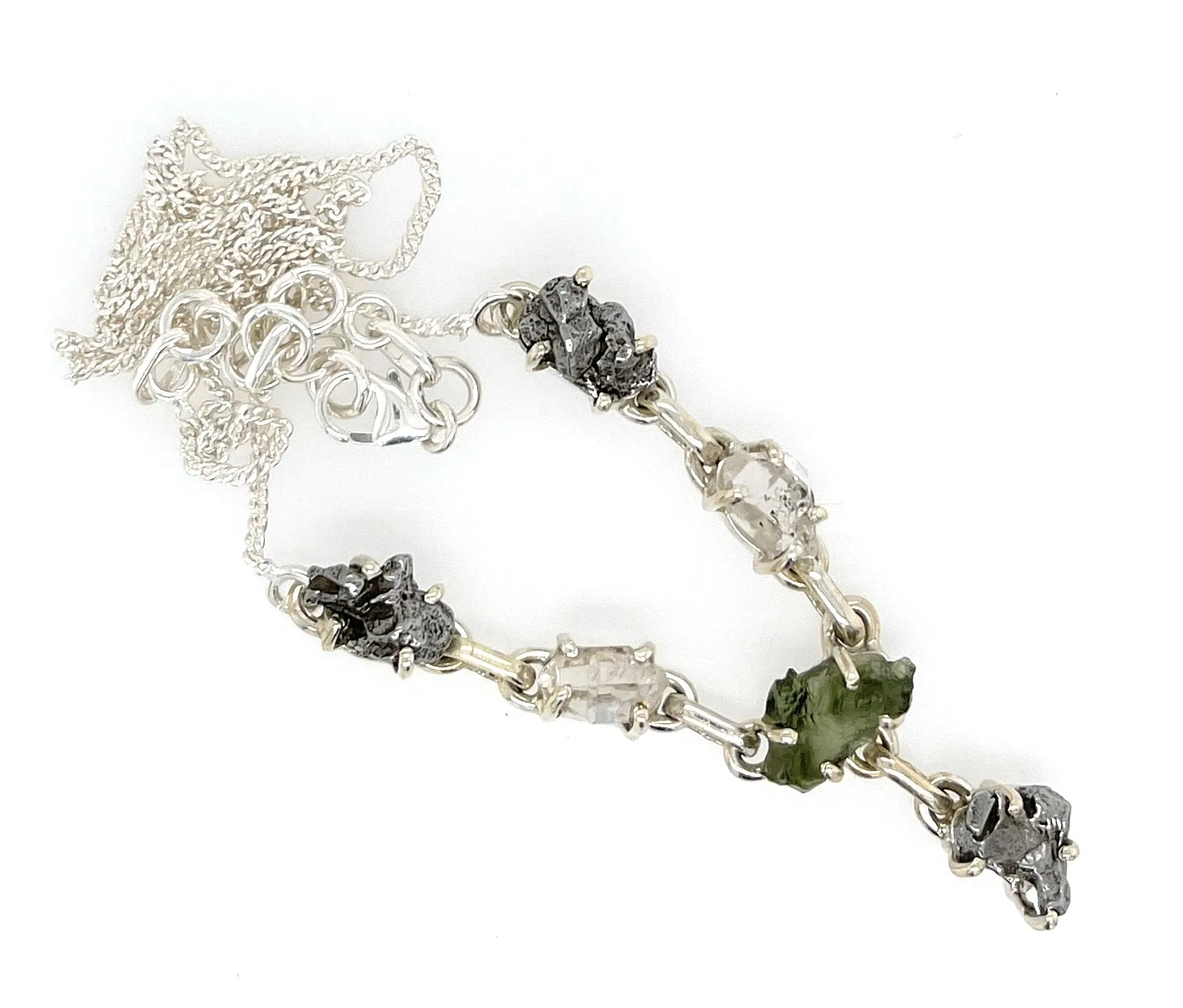 Natural Green Moldavite Herkimer Diamond Meteorite Campo Del Cielo 925 Sterling Silver Necklace 17'