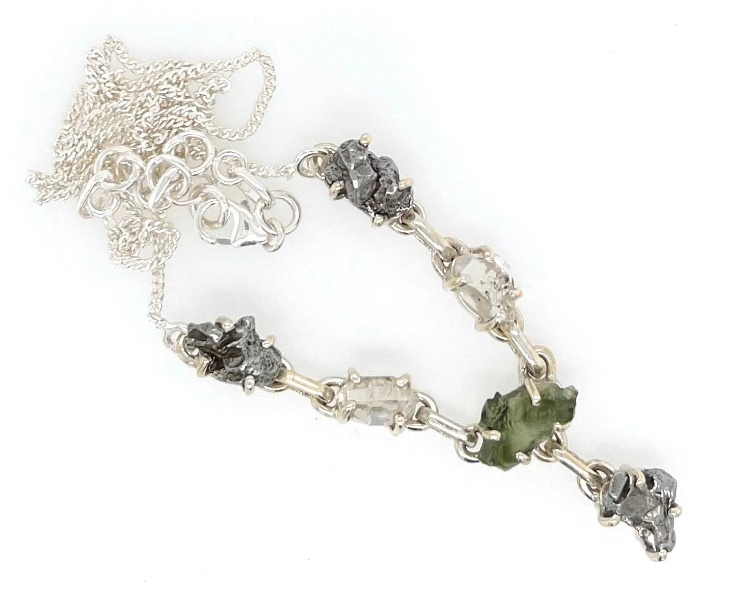 Natural Green Moldavite Herkimer Diamond Meteorite Campo Del Cielo 925 Sterling Silver Necklace 17'