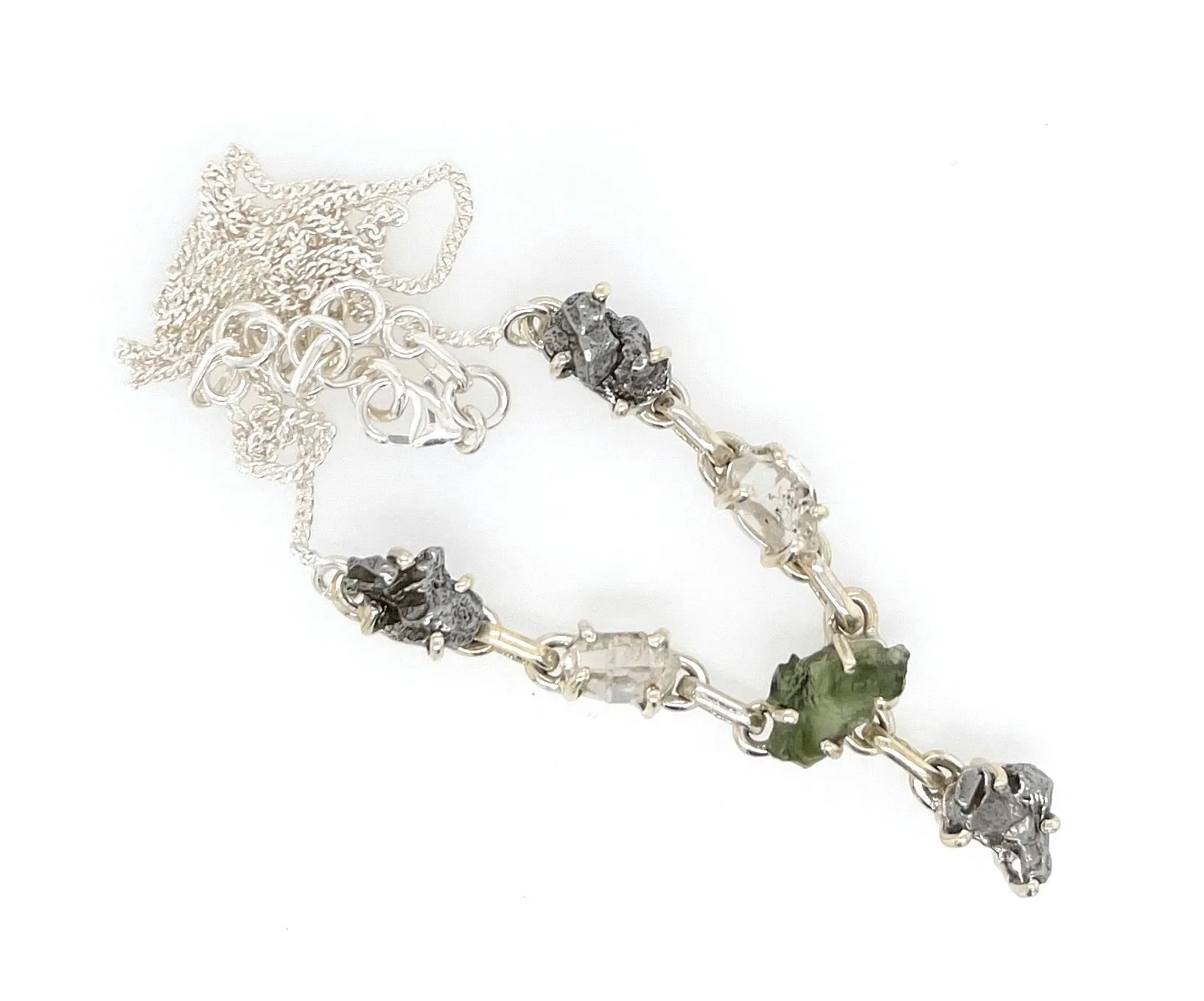 Natural Green Moldavite Herkimer Diamond Meteorite Campo Del Cielo 925 Sterling Silver Necklace 17'