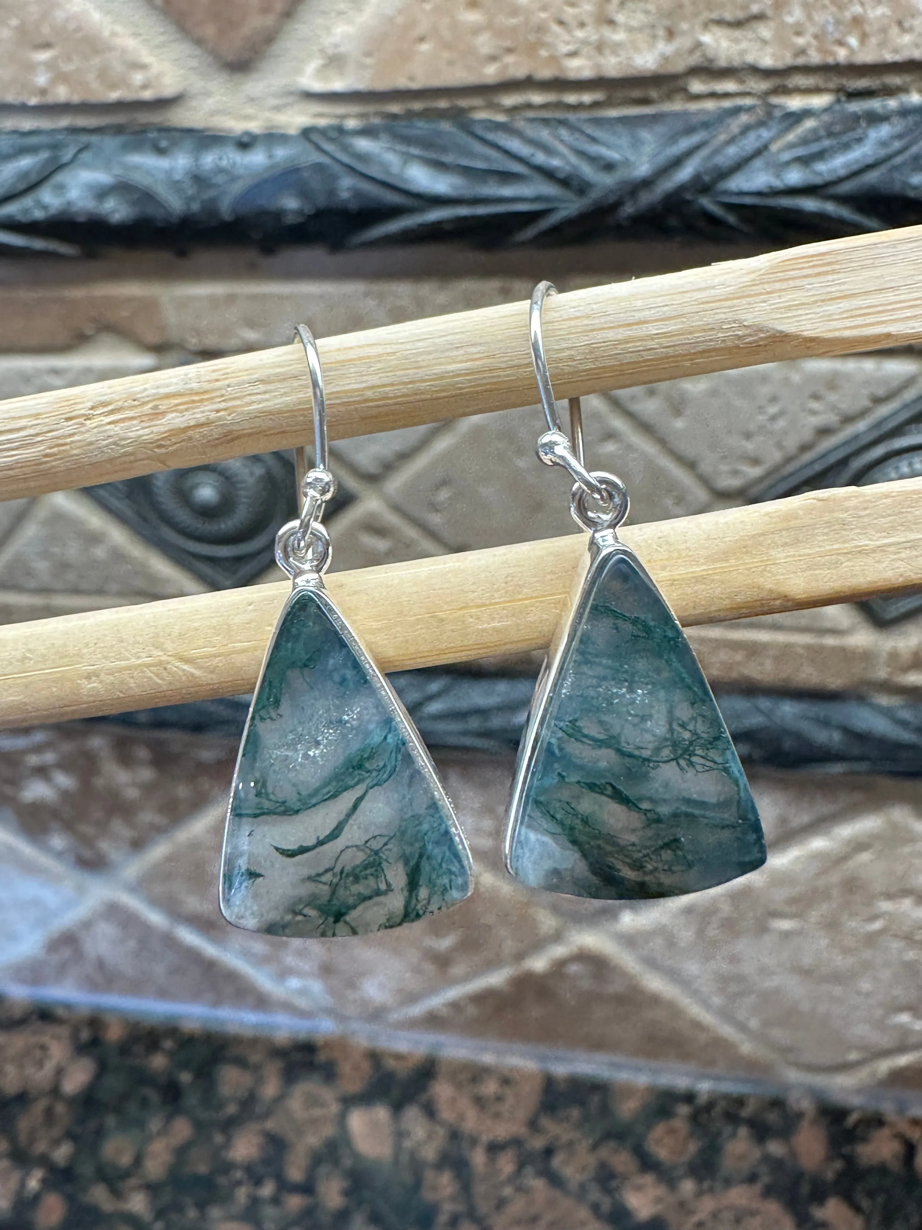 Natural Green Moss Agate 925 Solid Sterling Silver Earrings 40mm