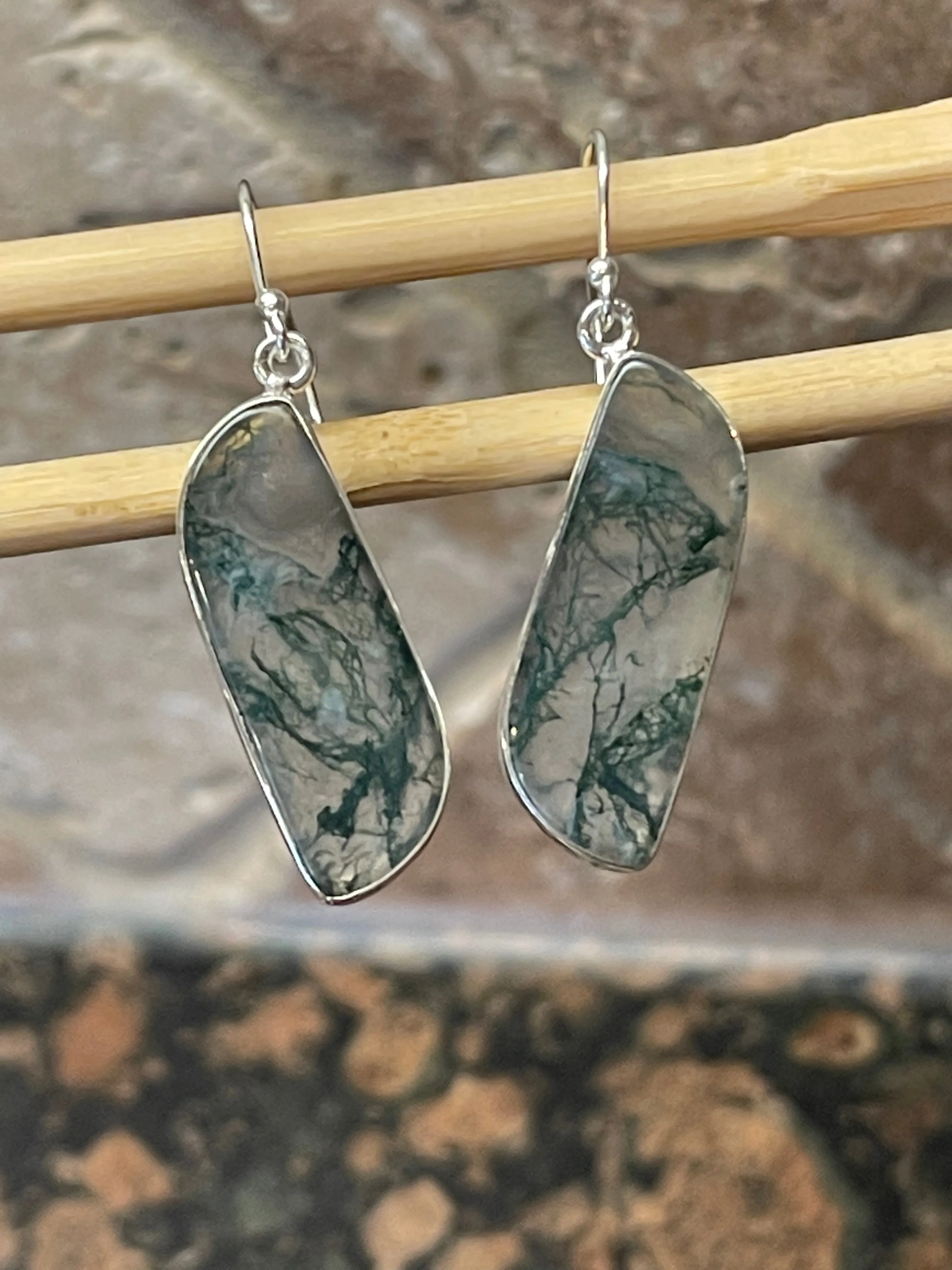Natural Green Moss Agate 925 Solid Sterling Silver Earrings 45mm
