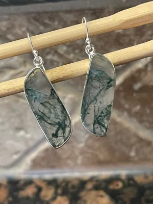Natural Green Moss Agate 925 Solid Sterling Silver Earrings 45mm