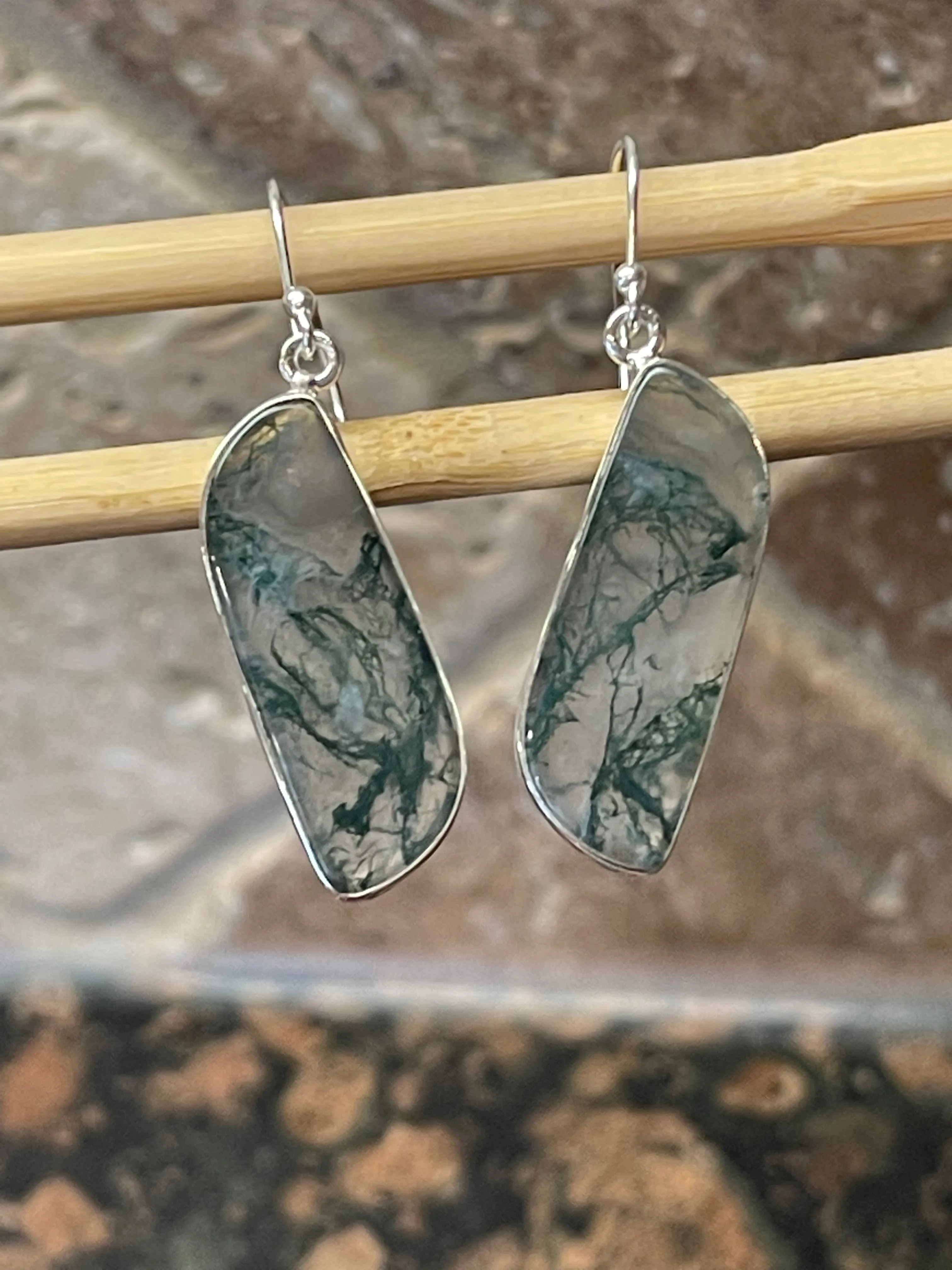 Natural Green Moss Agate 925 Solid Sterling Silver Earrings 45mm