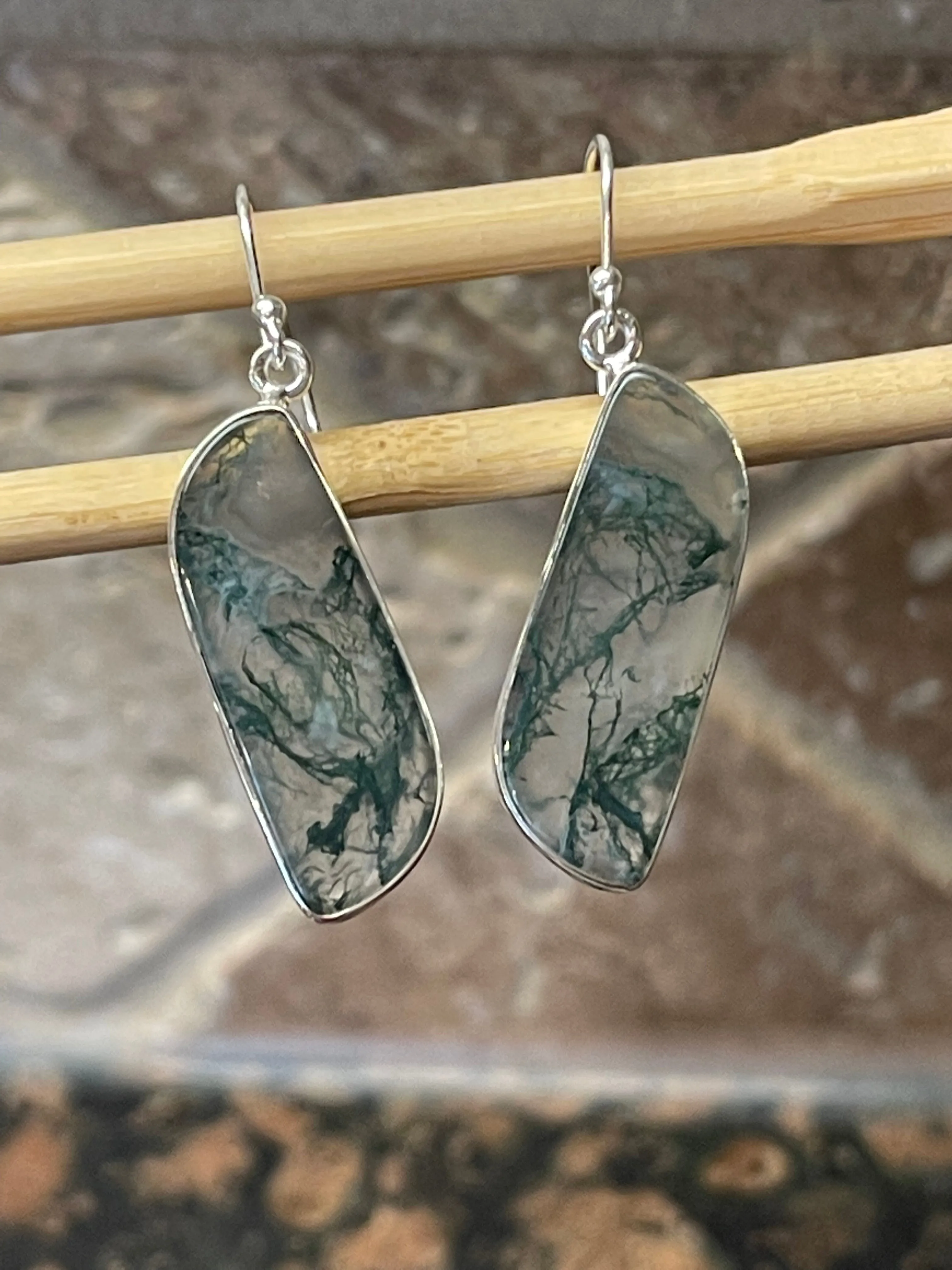 Natural Green Moss Agate 925 Solid Sterling Silver Earrings 45mm