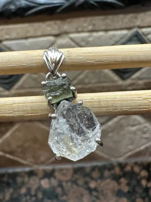 Natural Herkimer Diamond, Moldavite 925 Solid Sterling Silver Pendant 30mm