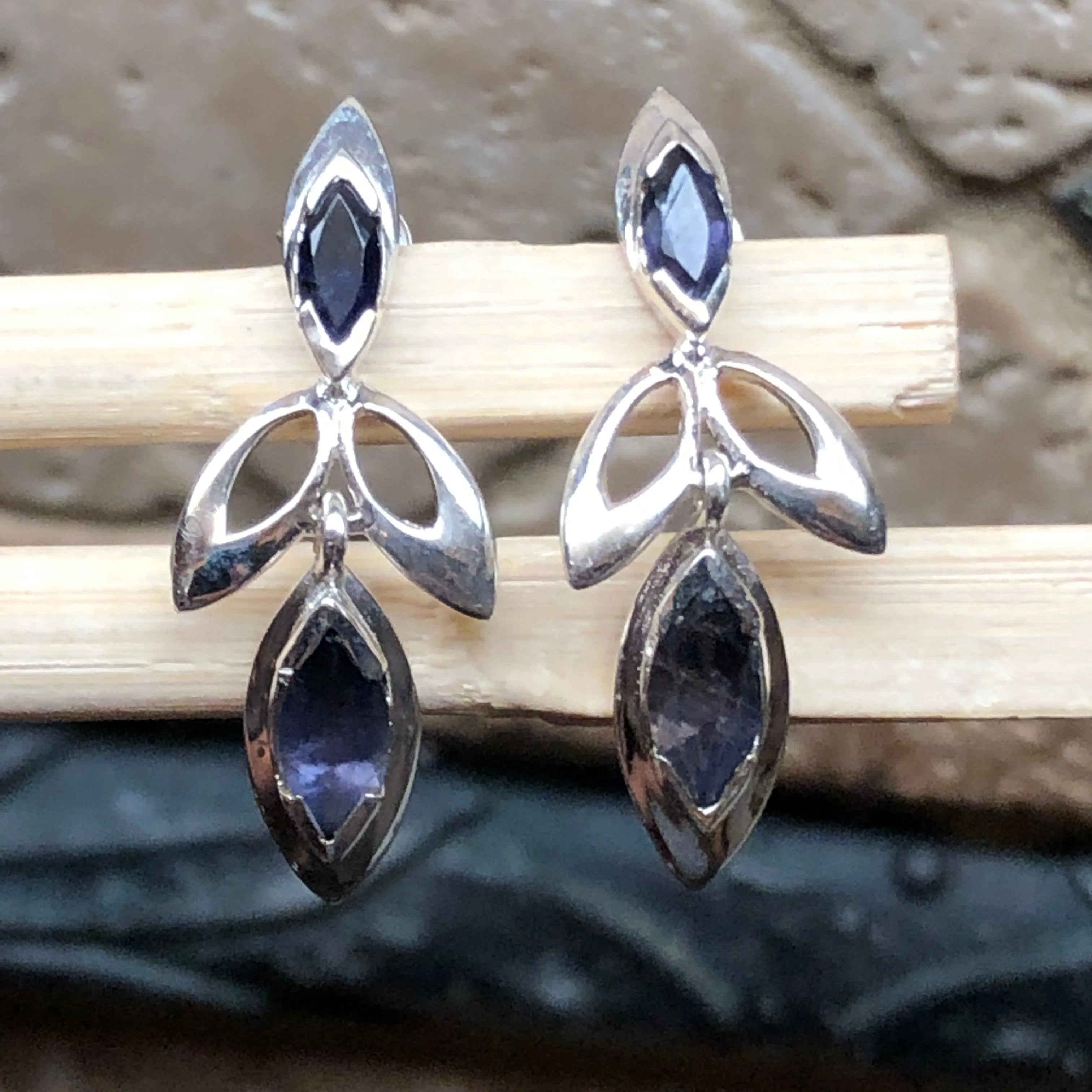 Natural Iolite 925 Solid Sterling Silver Earrings 30mm