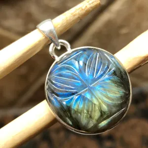 Natural Labradorite 925 Solid Sterling Silver Handcarved Pendant 30mm