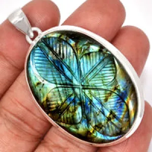 Natural Labradorite 925 Sterling Silver Pendant 35mm