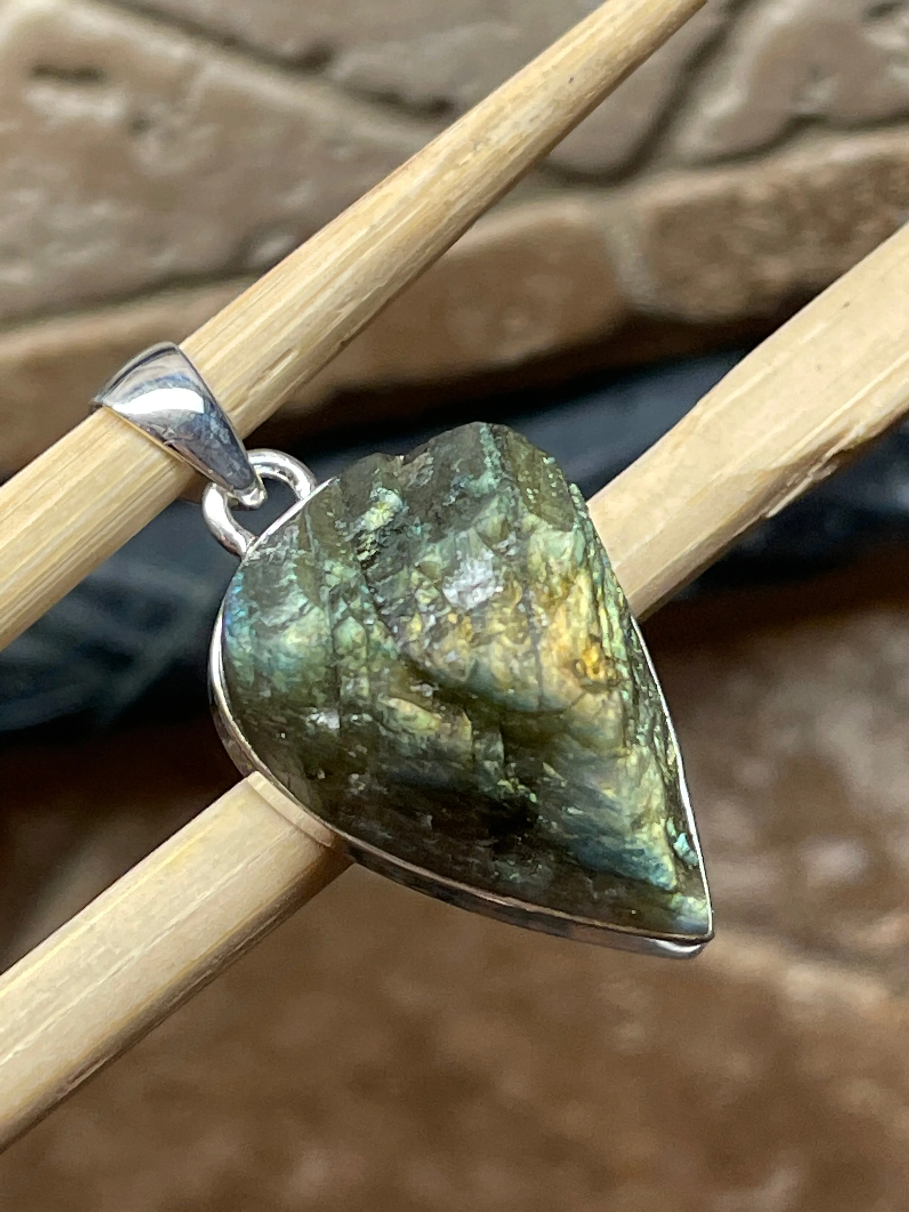 Natural Labradorite 925 Sterling Silver Pendant 40mm