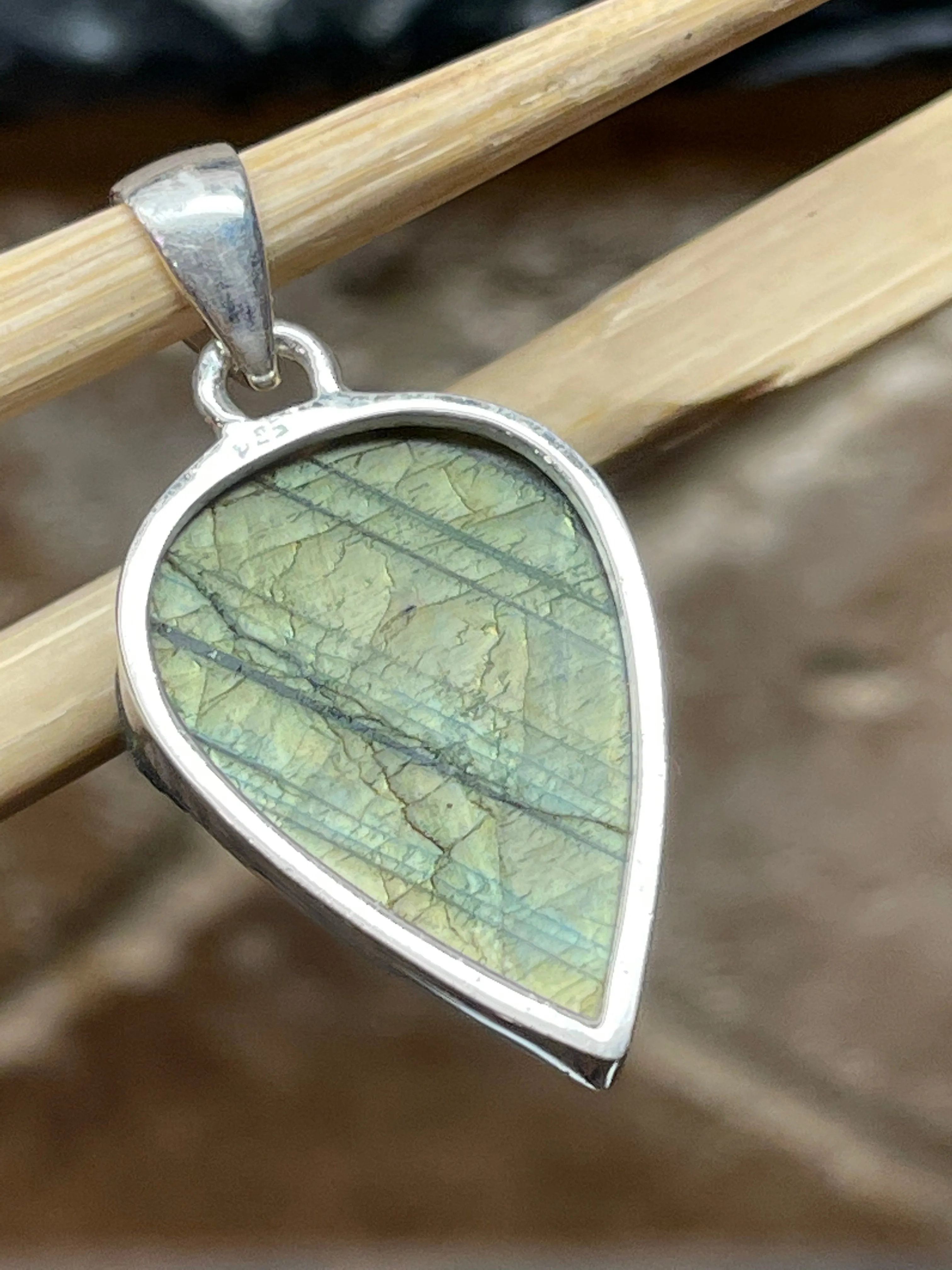 Natural Labradorite 925 Sterling Silver Pendant 40mm