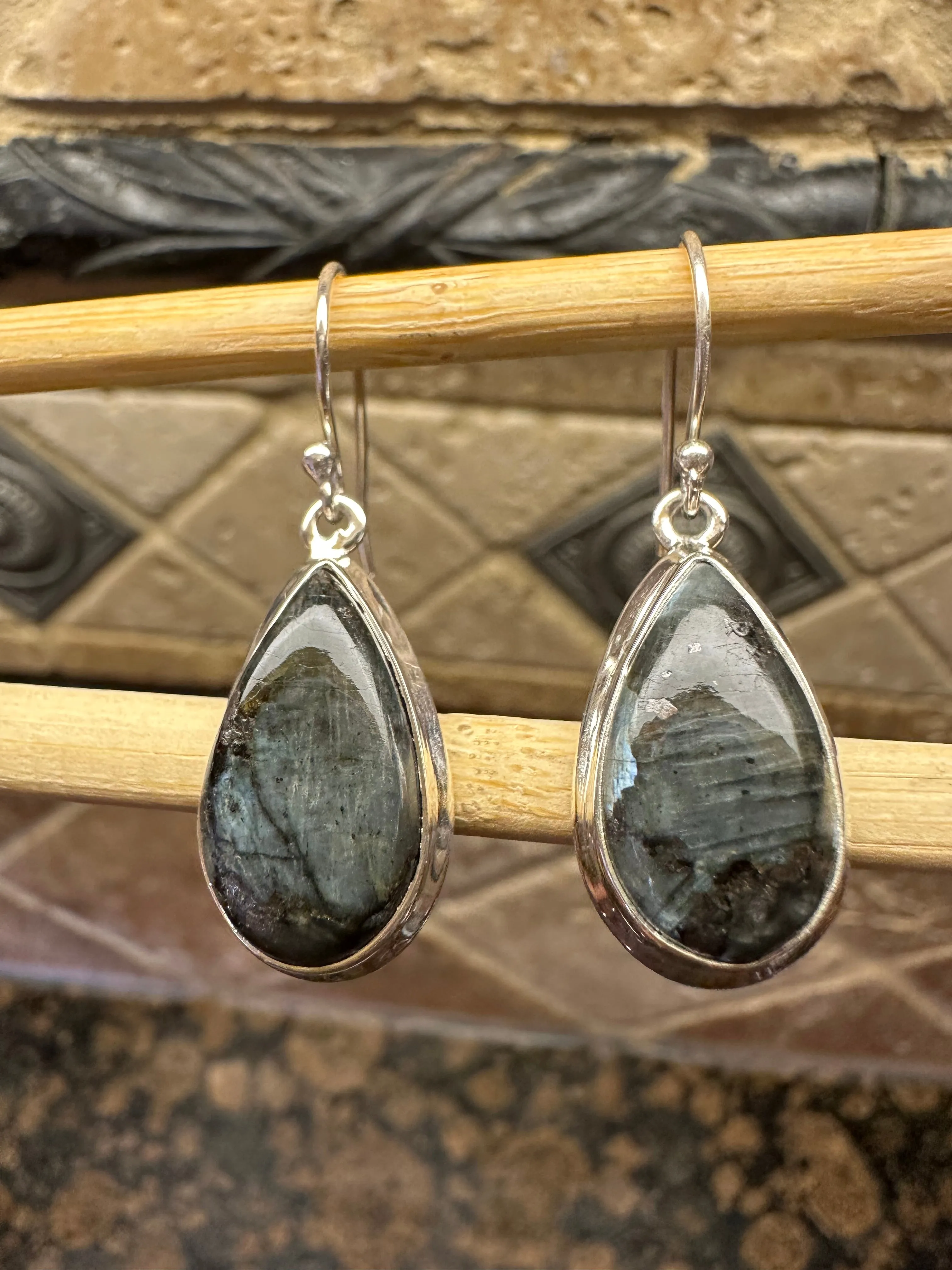 Natural Larvikite Black Moonstone 925 Solid Sterling Silver Earrings 40mm