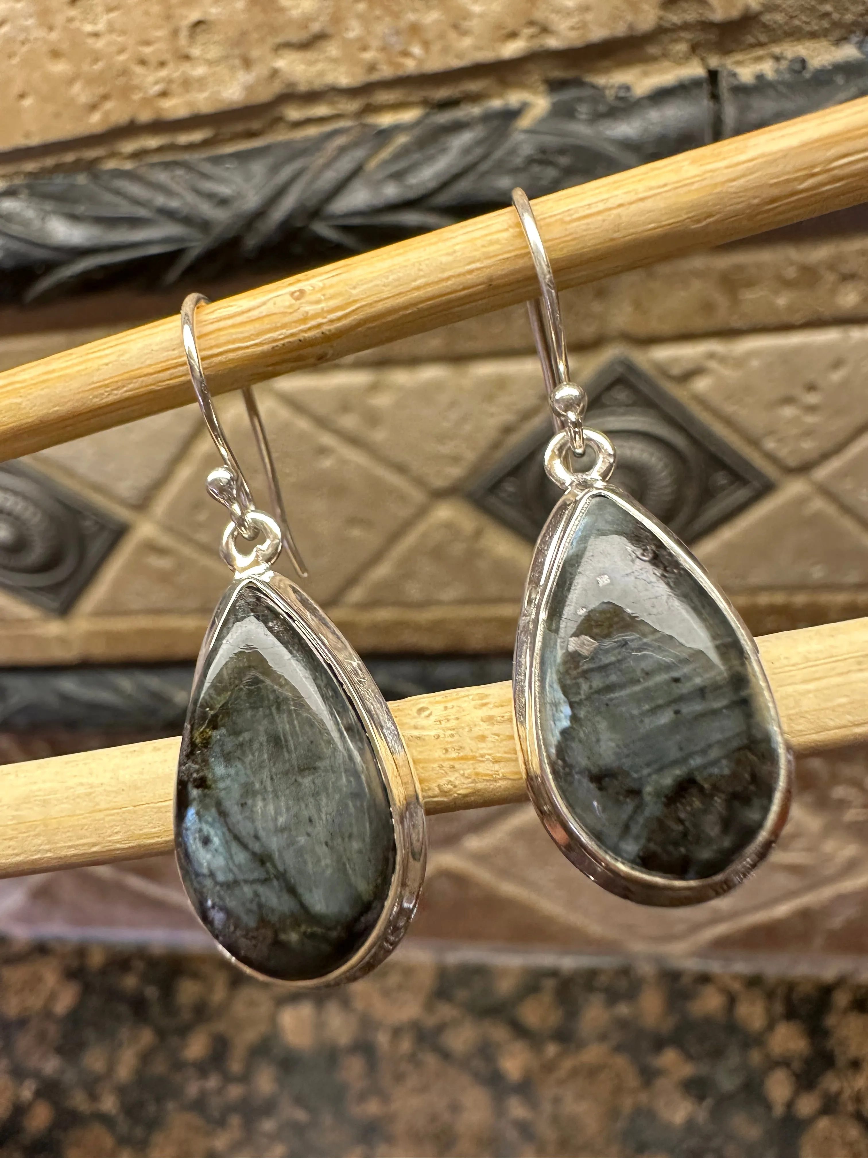 Natural Larvikite Black Moonstone 925 Solid Sterling Silver Earrings 40mm