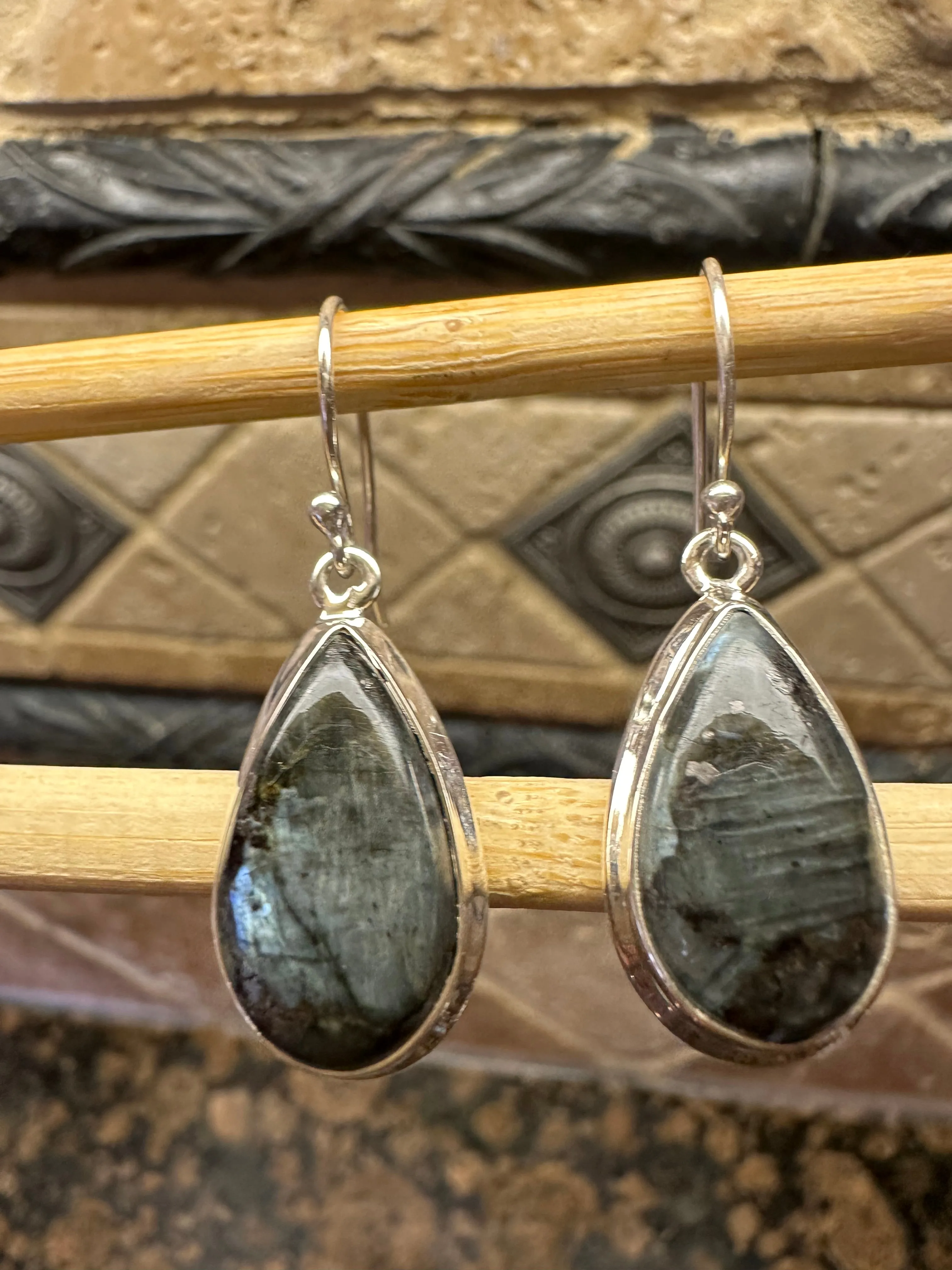 Natural Larvikite Black Moonstone 925 Solid Sterling Silver Earrings 40mm
