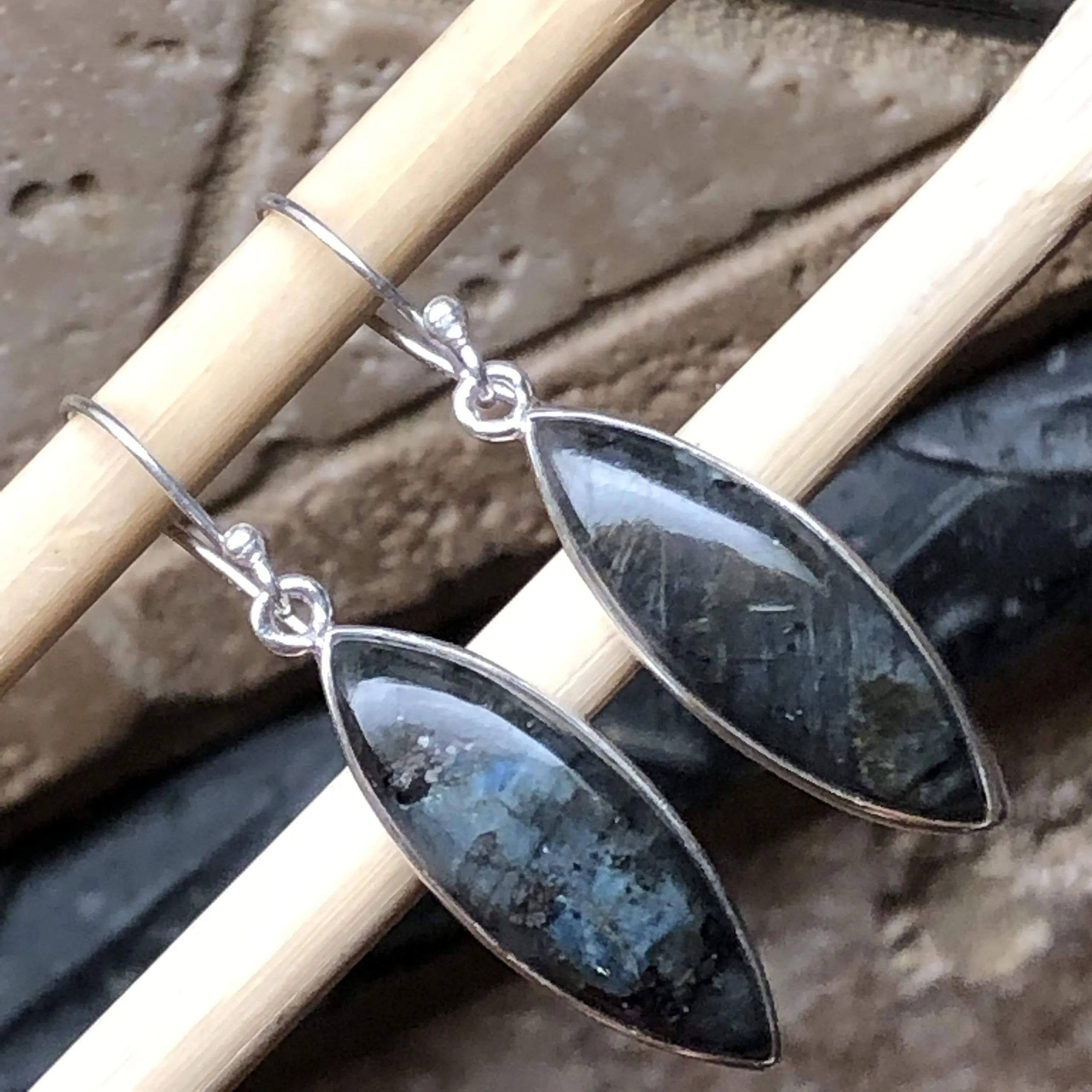 Natural Larvikite Black Moonstone 925 Solid Sterling Silver Earrings 40mm