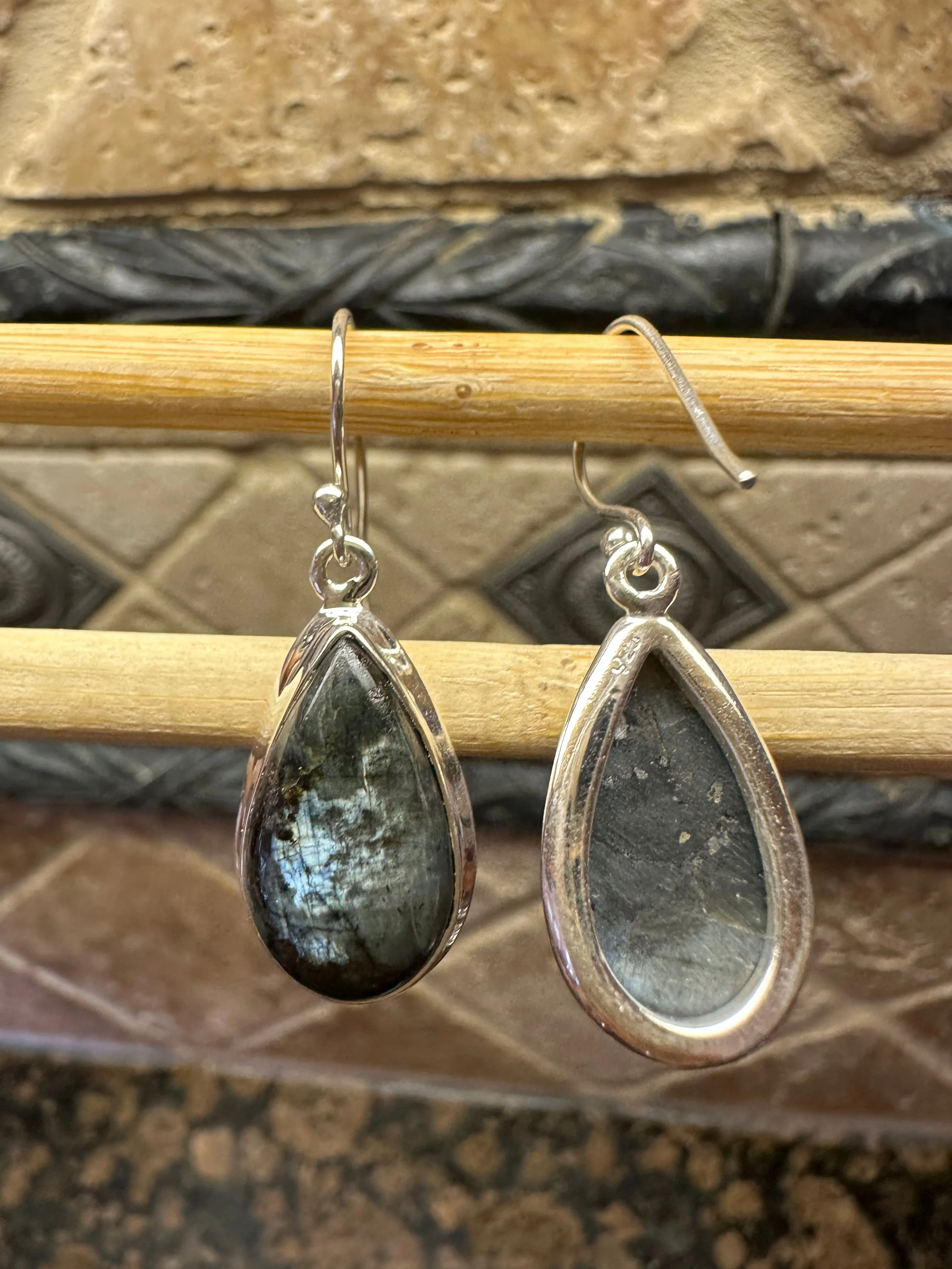 Natural Larvikite Black Moonstone 925 Solid Sterling Silver Earrings 40mm