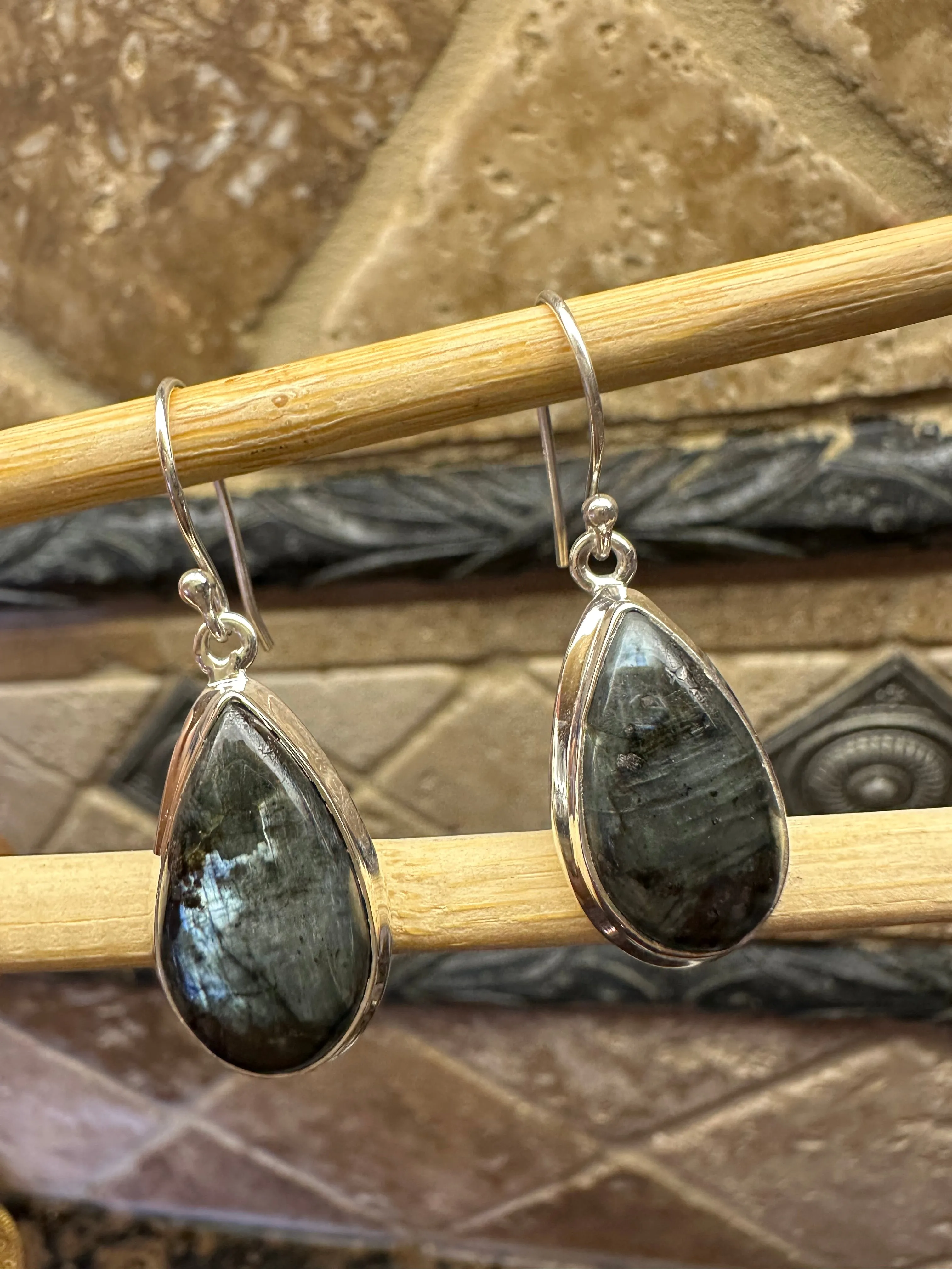 Natural Larvikite Black Moonstone 925 Solid Sterling Silver Earrings 40mm