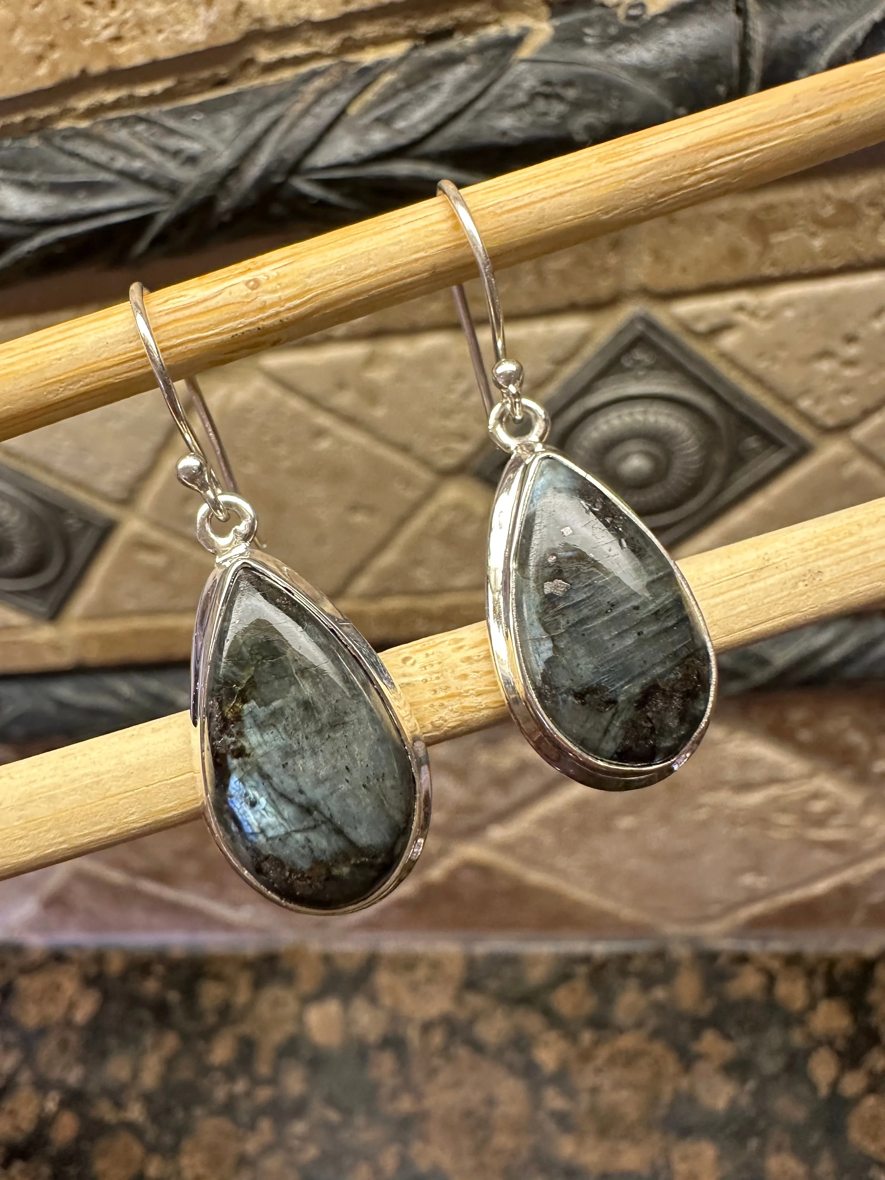 Natural Larvikite Black Moonstone 925 Solid Sterling Silver Earrings 40mm