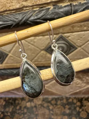 Natural Larvikite Black Moonstone 925 Solid Sterling Silver Earrings 40mm