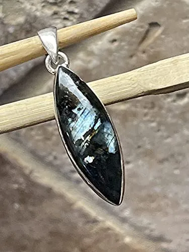 Natural Larvikite Black Moonstone 925 Solid Sterling Silver Pendant 35mm