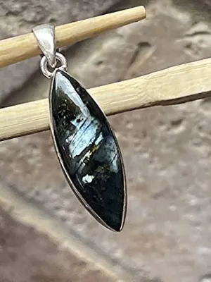 Natural Larvikite Black Moonstone 925 Solid Sterling Silver Pendant 35mm