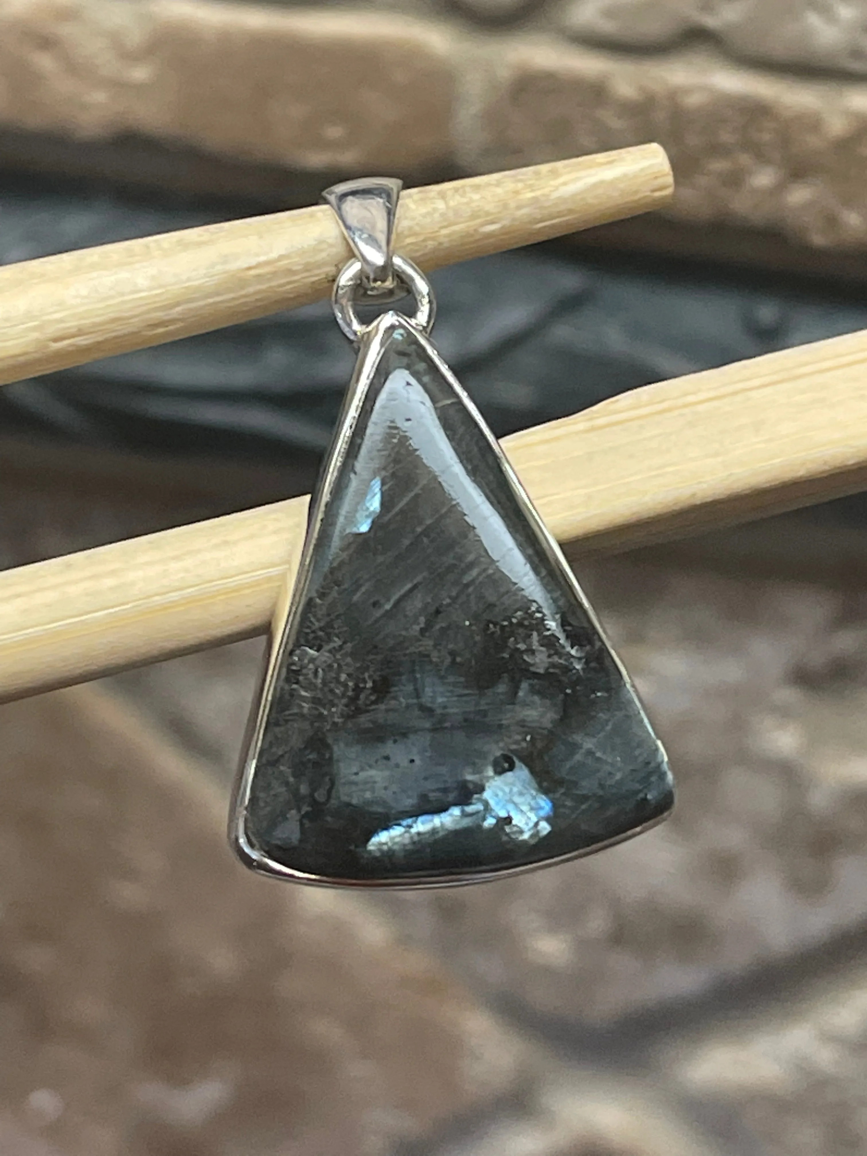 Natural Larvikite Black Moonstone 925 Solid Sterling Silver Pendant 35mm