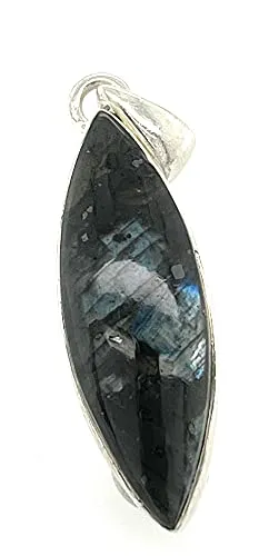 Natural Larvikite Black Moonstone 925 Solid Sterling Silver Pendant 35mm