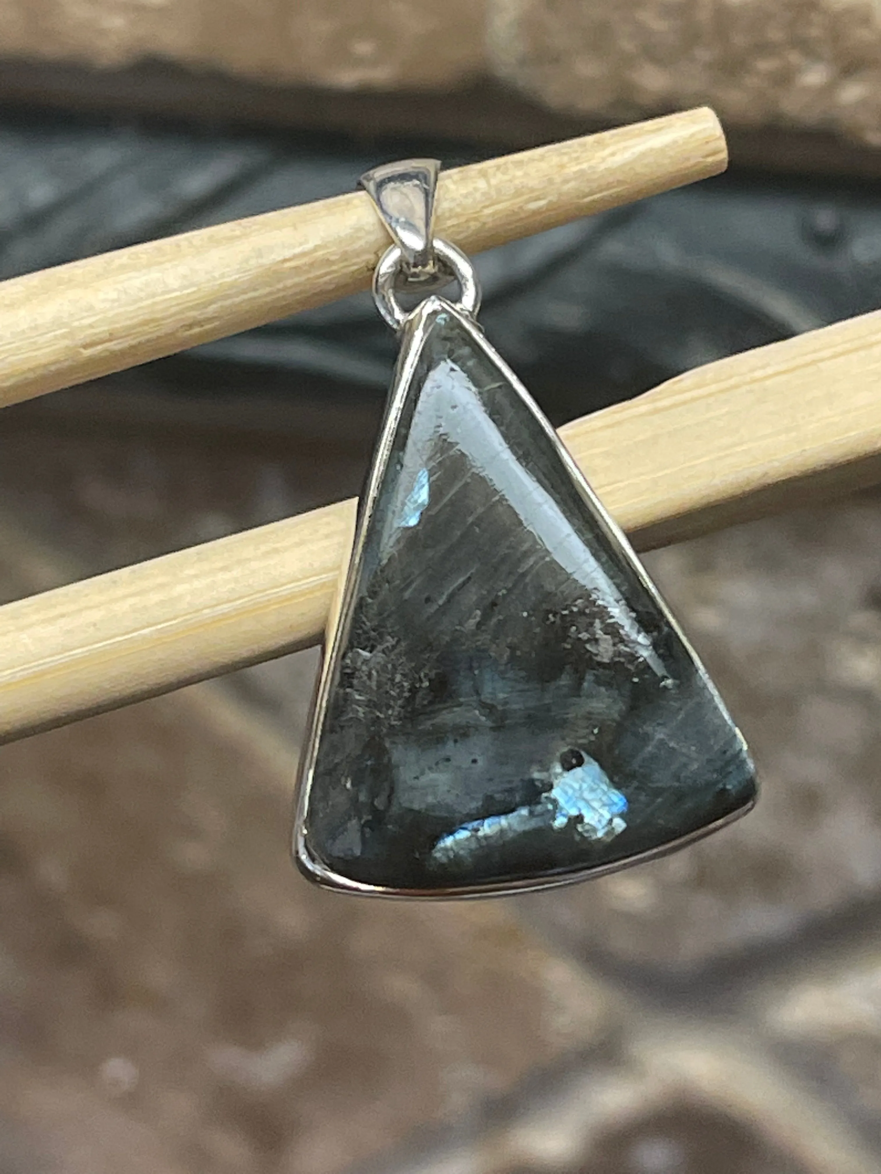 Natural Larvikite Black Moonstone 925 Solid Sterling Silver Pendant 35mm