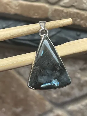 Natural Larvikite Black Moonstone 925 Solid Sterling Silver Pendant 35mm