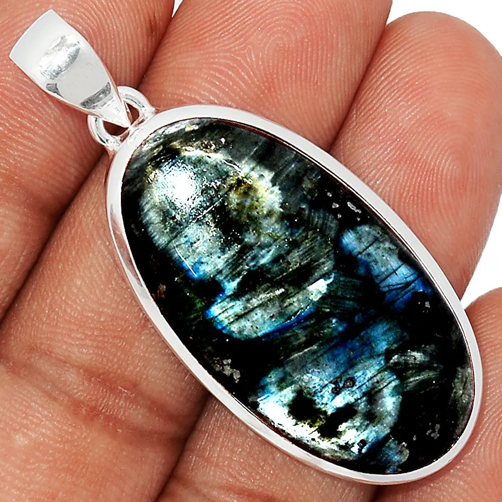 Natural Larvikite Black Moonstone 925 Solid Sterling Silver Pendant 35mm