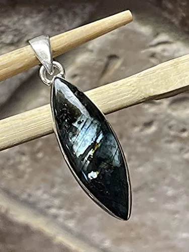 Natural Larvikite Black Moonstone 925 Solid Sterling Silver Pendant 35mm