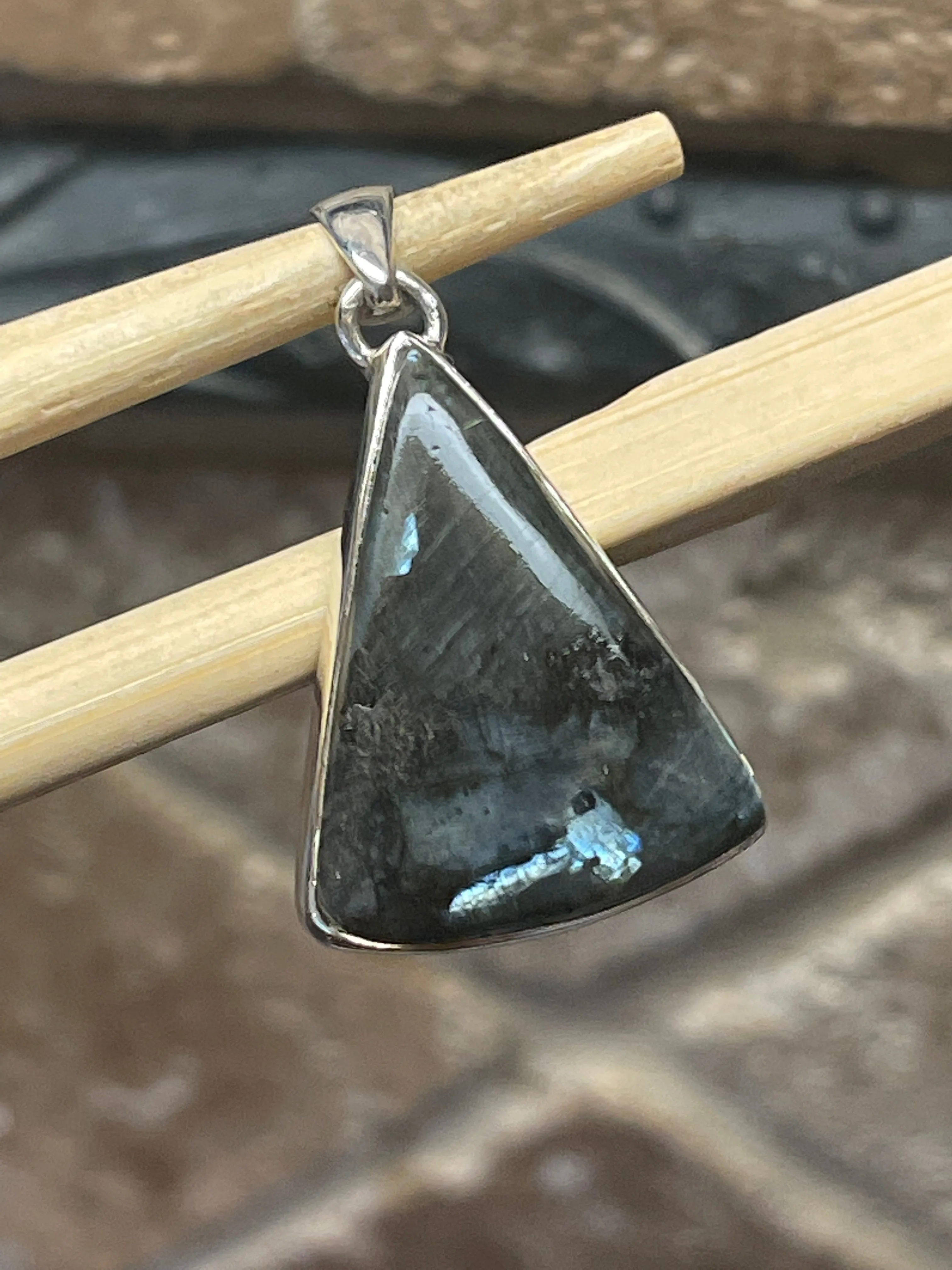 Natural Larvikite Black Moonstone 925 Solid Sterling Silver Pendant 35mm