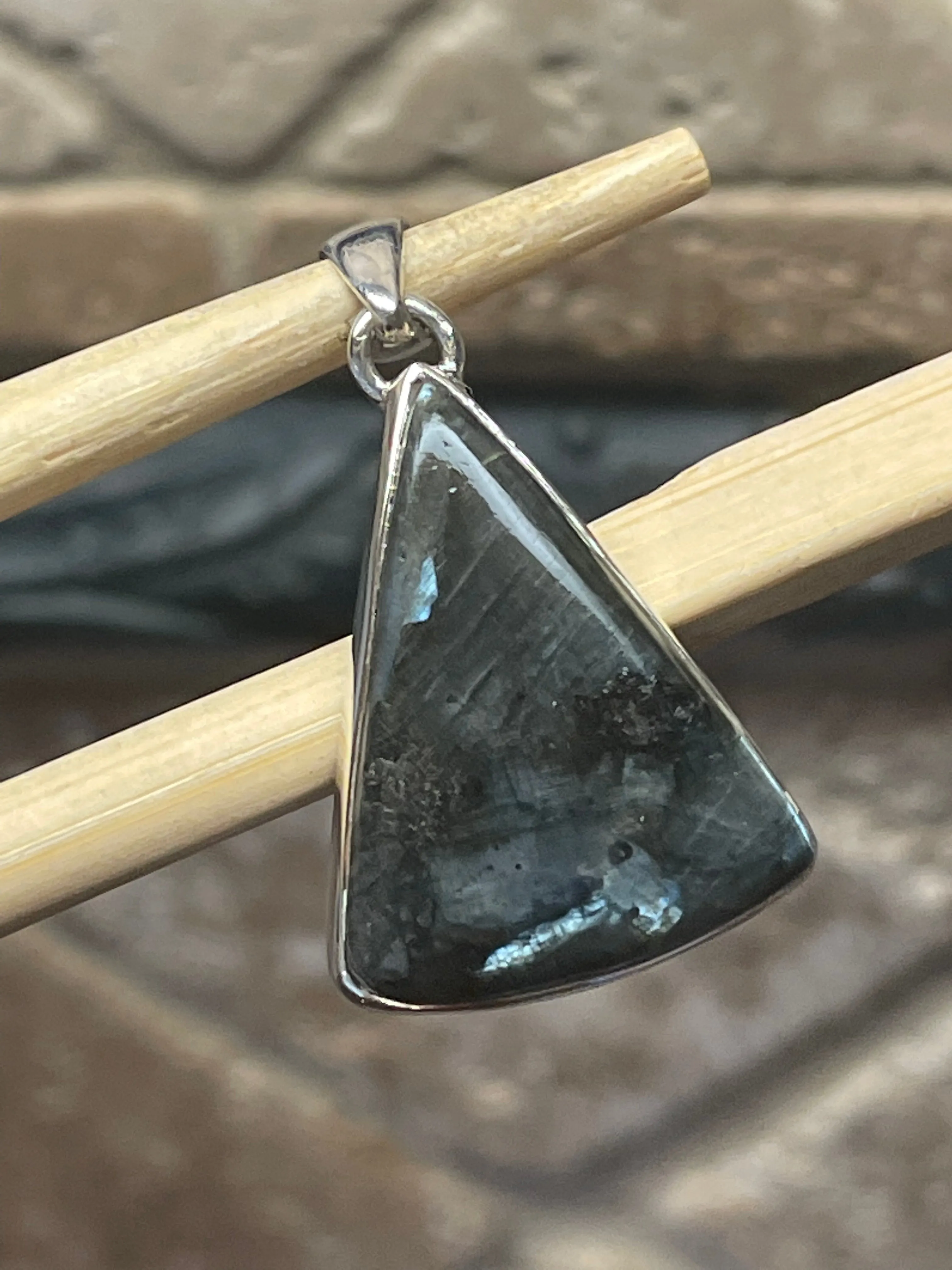 Natural Larvikite Black Moonstone 925 Solid Sterling Silver Pendant 35mm
