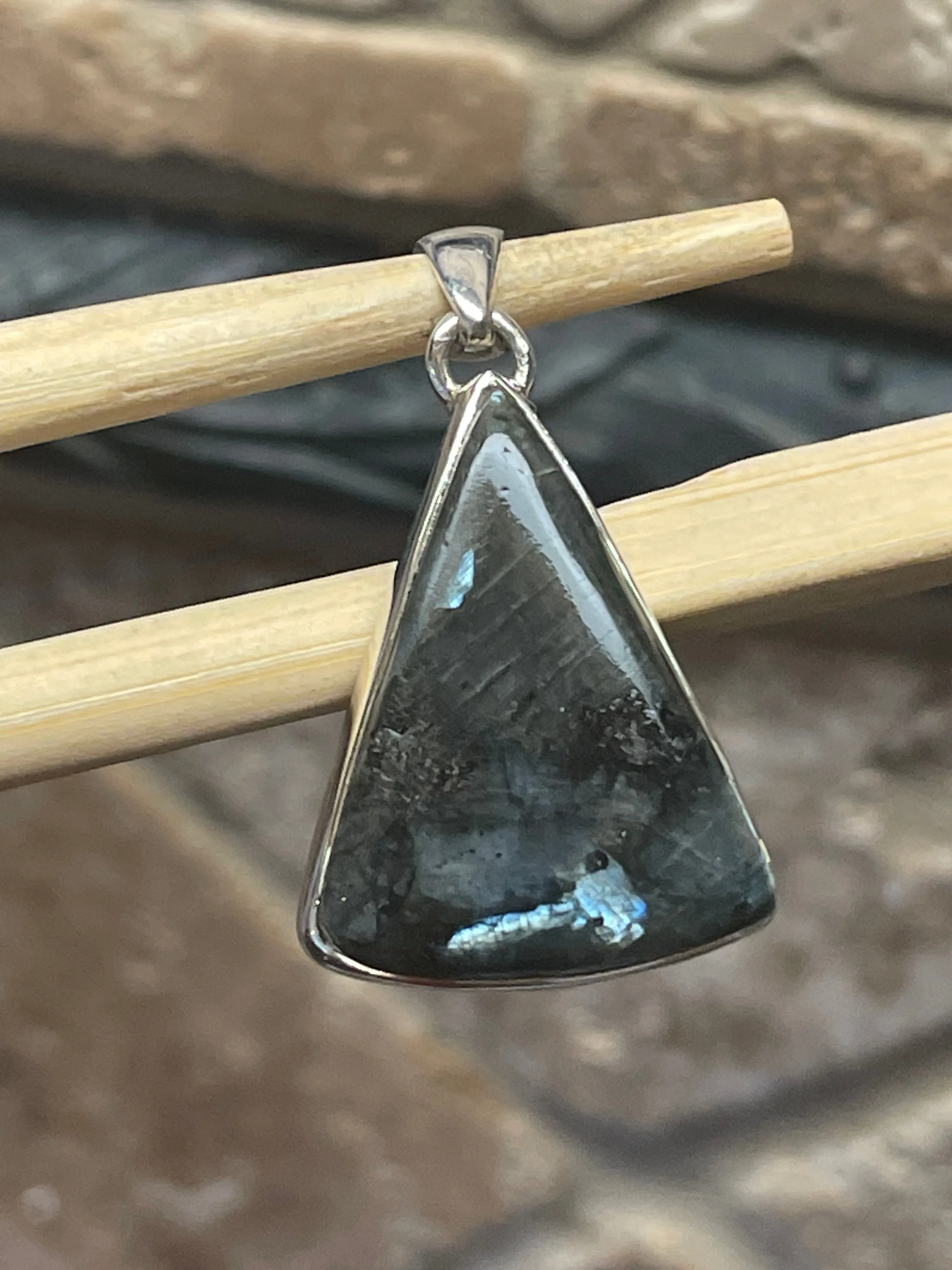 Natural Larvikite Black Moonstone 925 Solid Sterling Silver Pendant 35mm