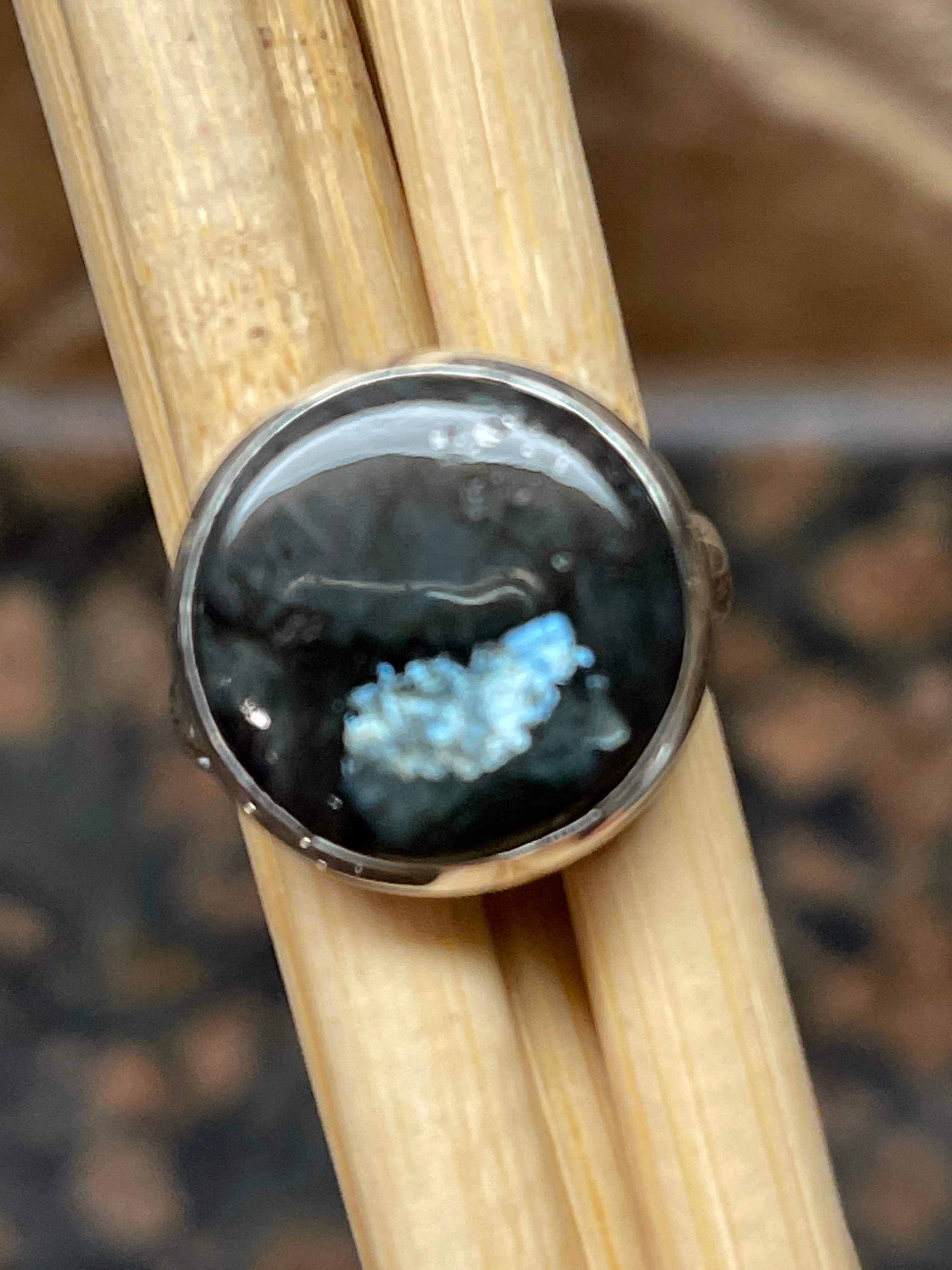 Natural Larvikite Black Moonstone 925 Solid Sterling Silver Ring Size 5.75