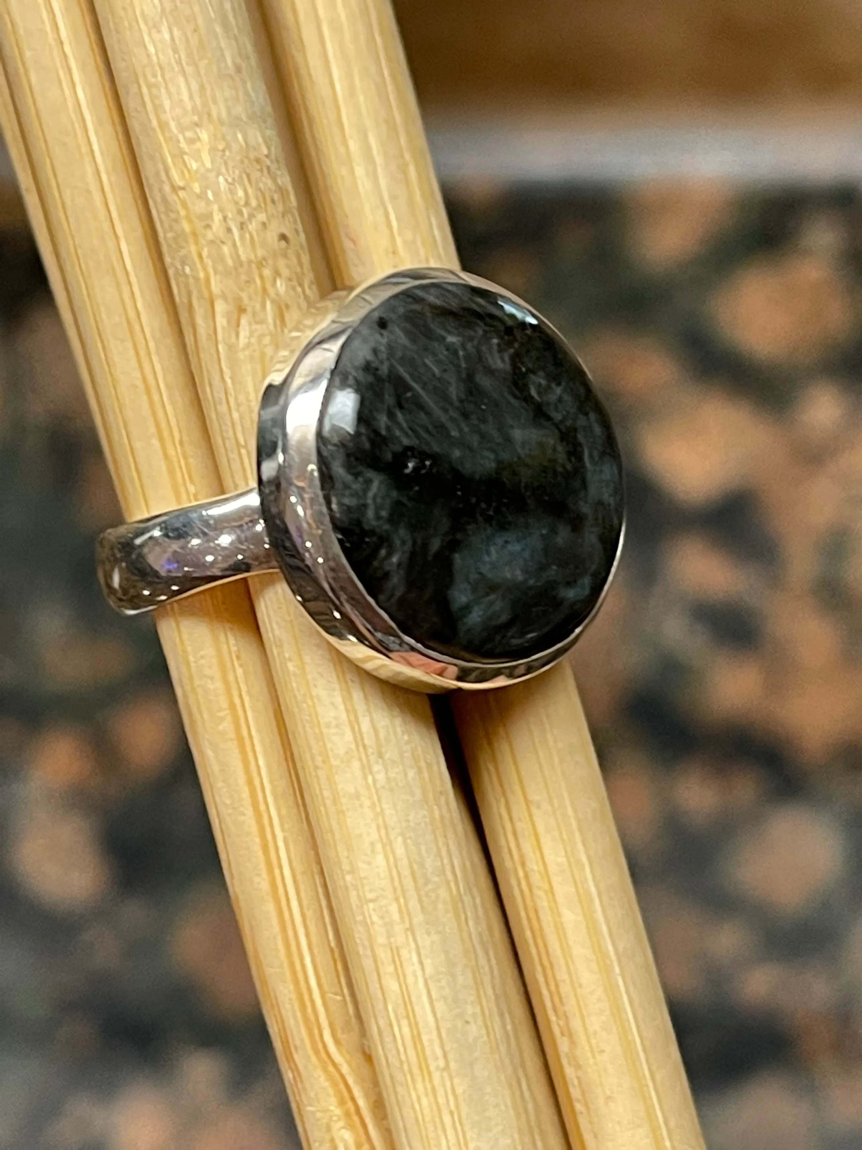 Natural Larvikite Black Moonstone 925 Solid Sterling Silver Ring Size 5.75