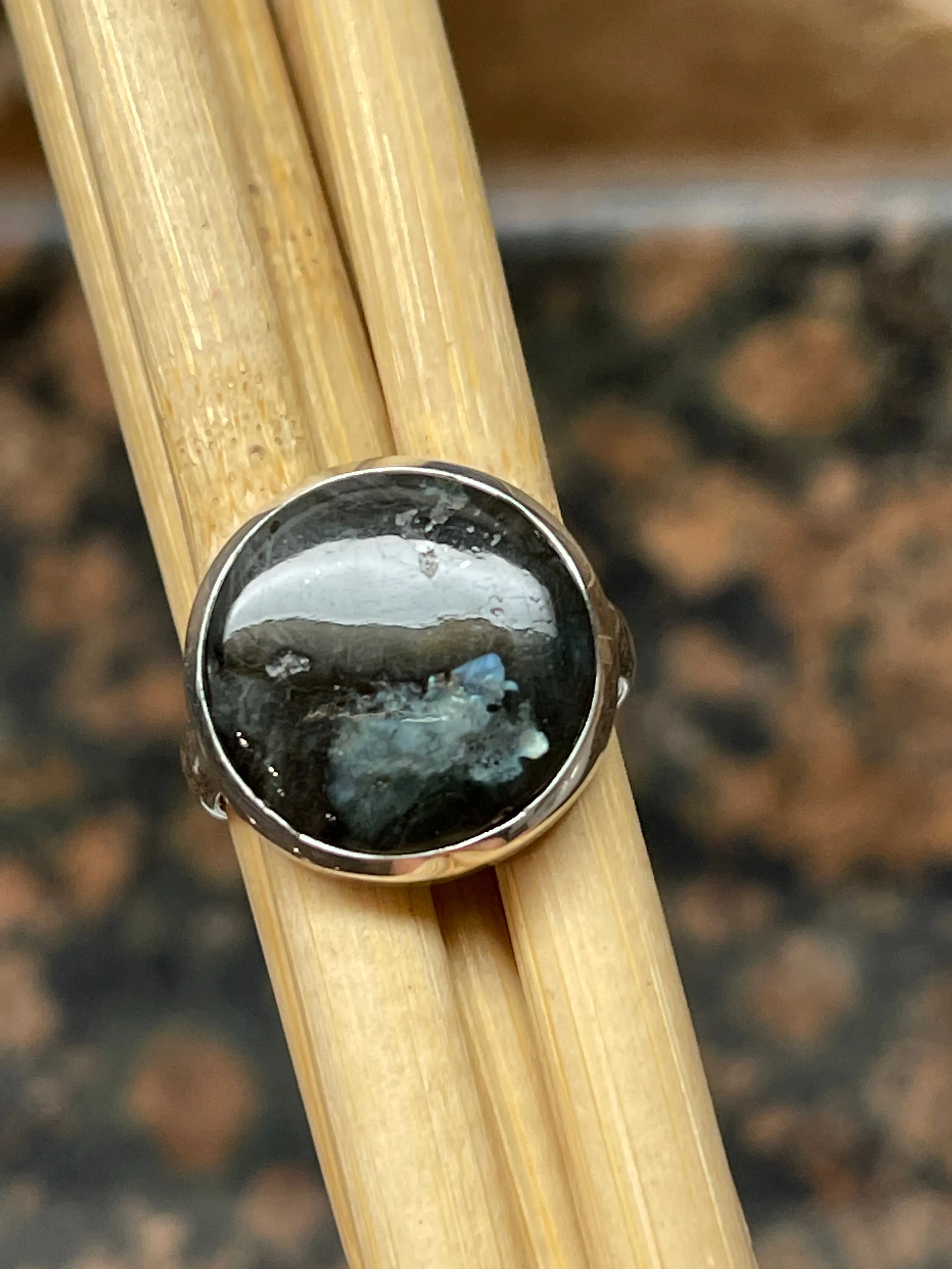 Natural Larvikite Black Moonstone 925 Solid Sterling Silver Ring Size 5.75
